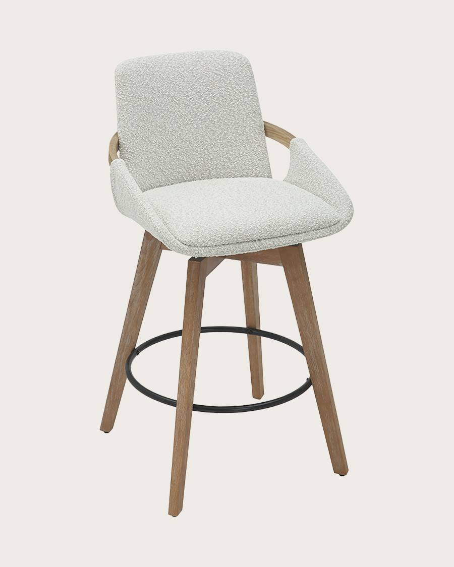 Saly - Chaise de bar en tissu bouclette et pieds en bois - UNIQKA - Image 1
