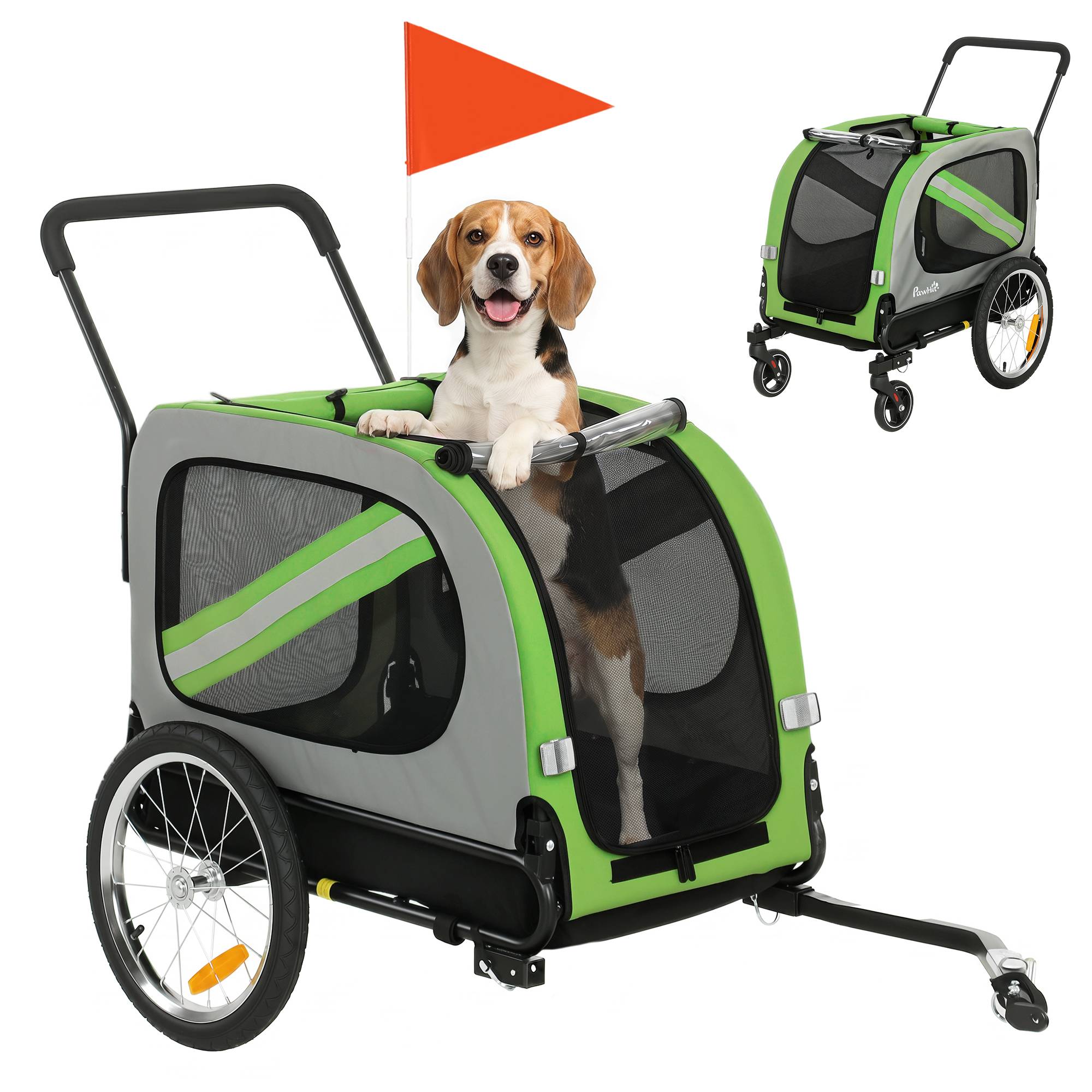 Remorque vélo 2 en 1 pour chien, poussette pliable pour animaux avec ceinture de sécurité et réflecteurs, verte - Image 1