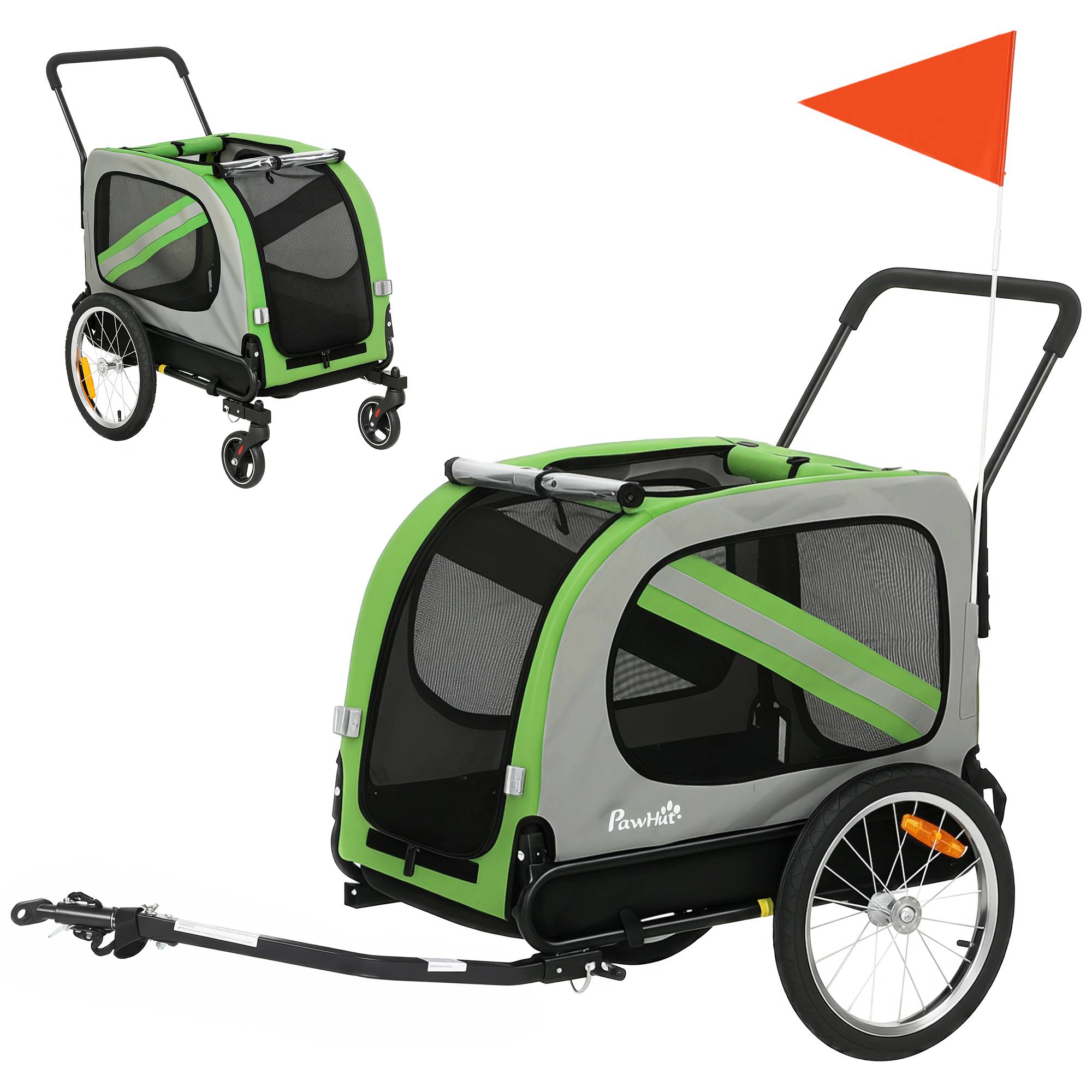 Remorque vélo 2 en 1 pour chien, poussette pliable pour animaux avec ceinture de sécurité et réflecteurs, verte - Image 2
