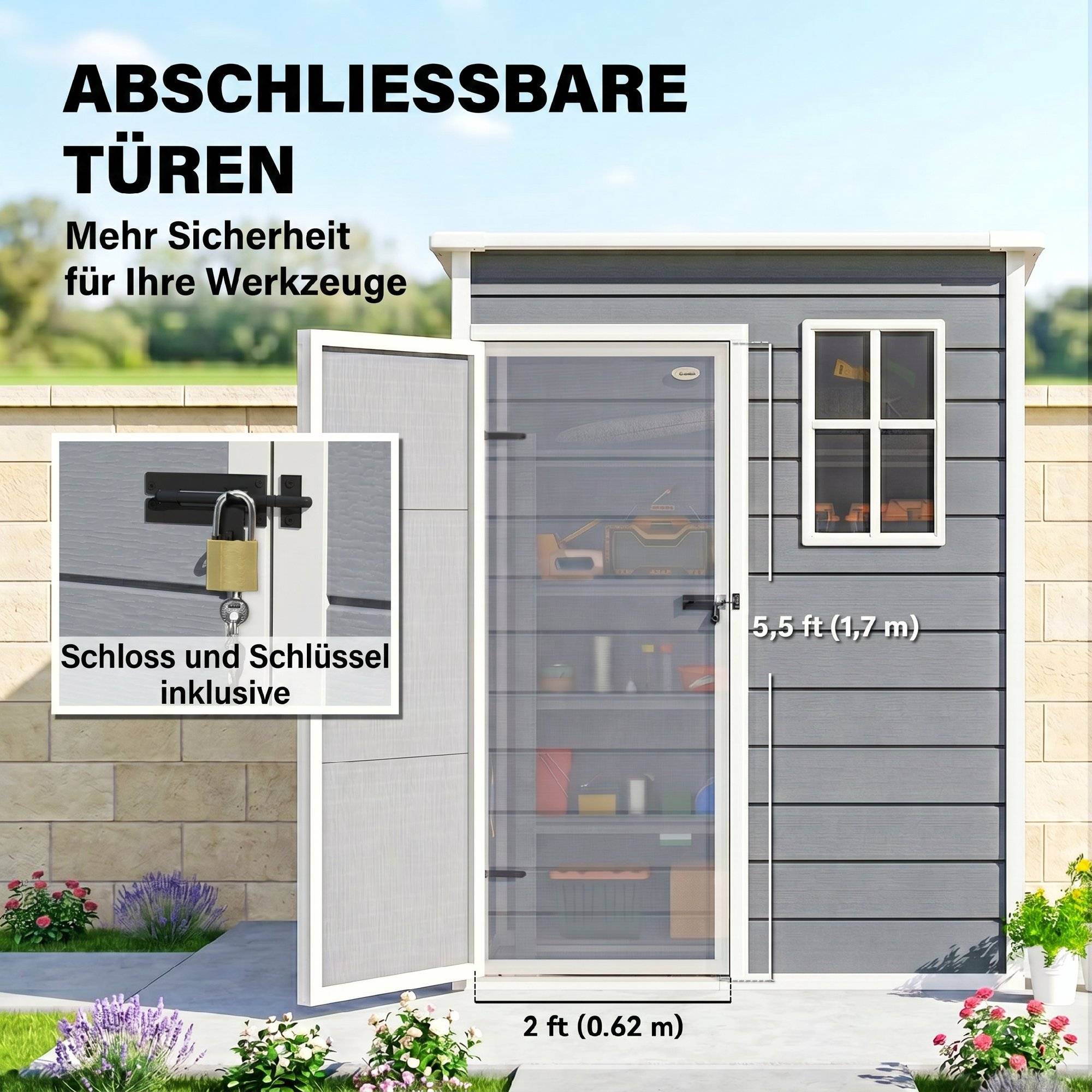 ComfortXL - Abri de jardin en résine 1,14 m² 151 x 92 x 193 cm gris pour rangement extérieur avec fenêtre et serrure - Image 8