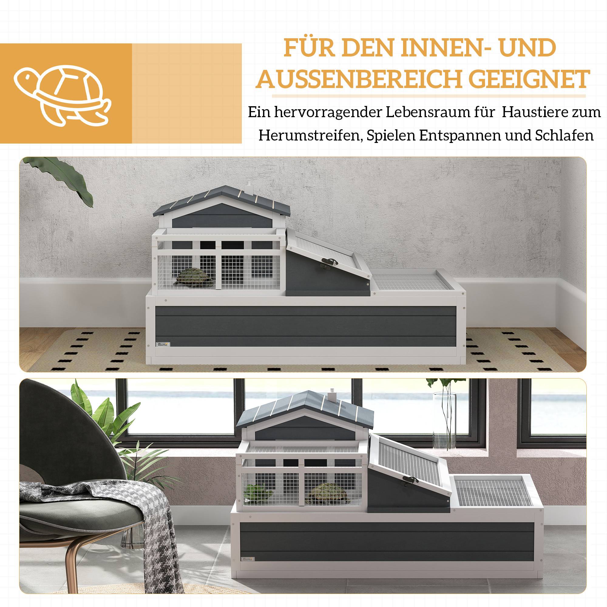 Maison pour tortues, 2 niveaux, intérieur/extérieur, balcon, bois de sapin, gris - Image 10