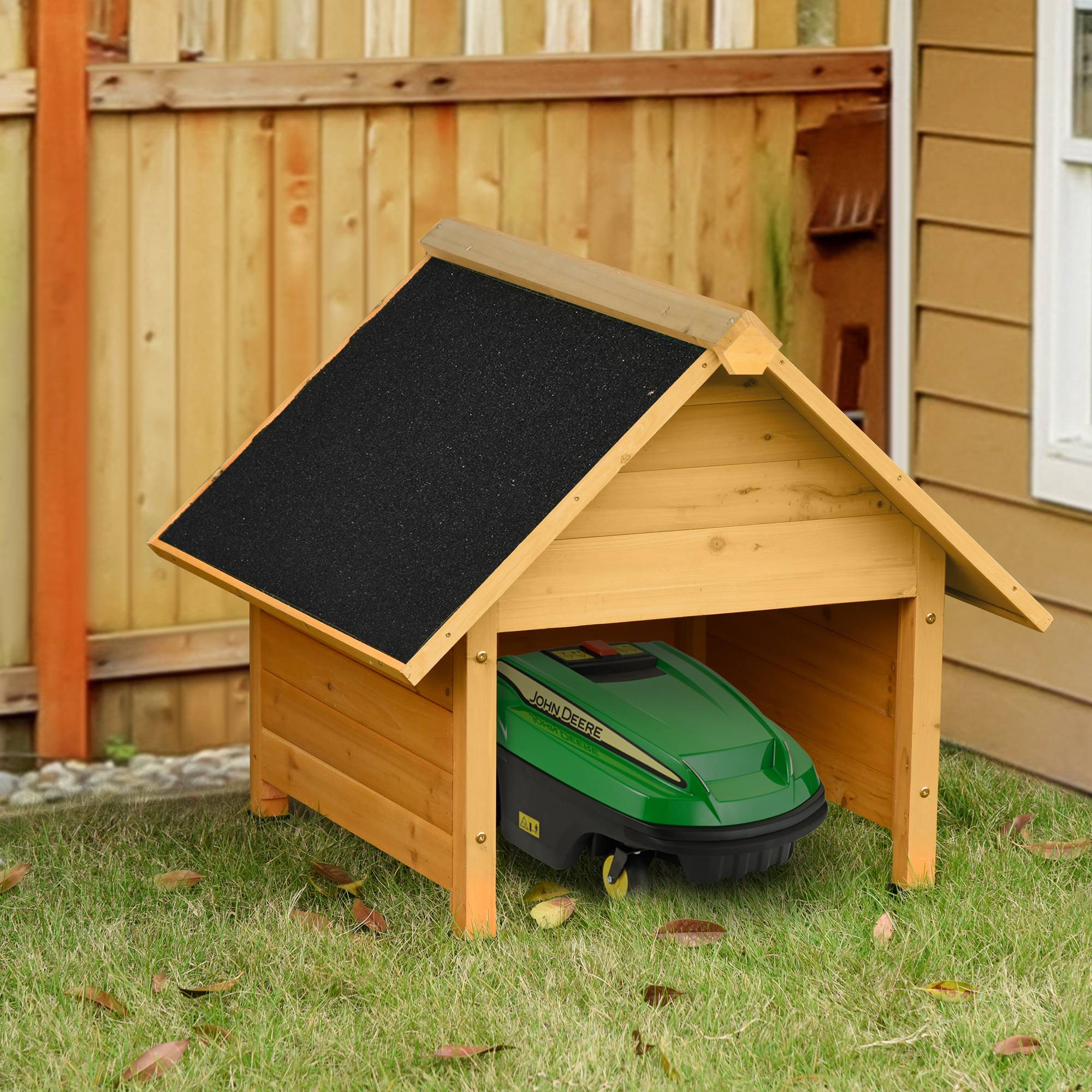 Abri tondeuse robot bois jaune 75x76x70 cm, garage extérieur protection soleil pluie pour équipement jardin - Image 4