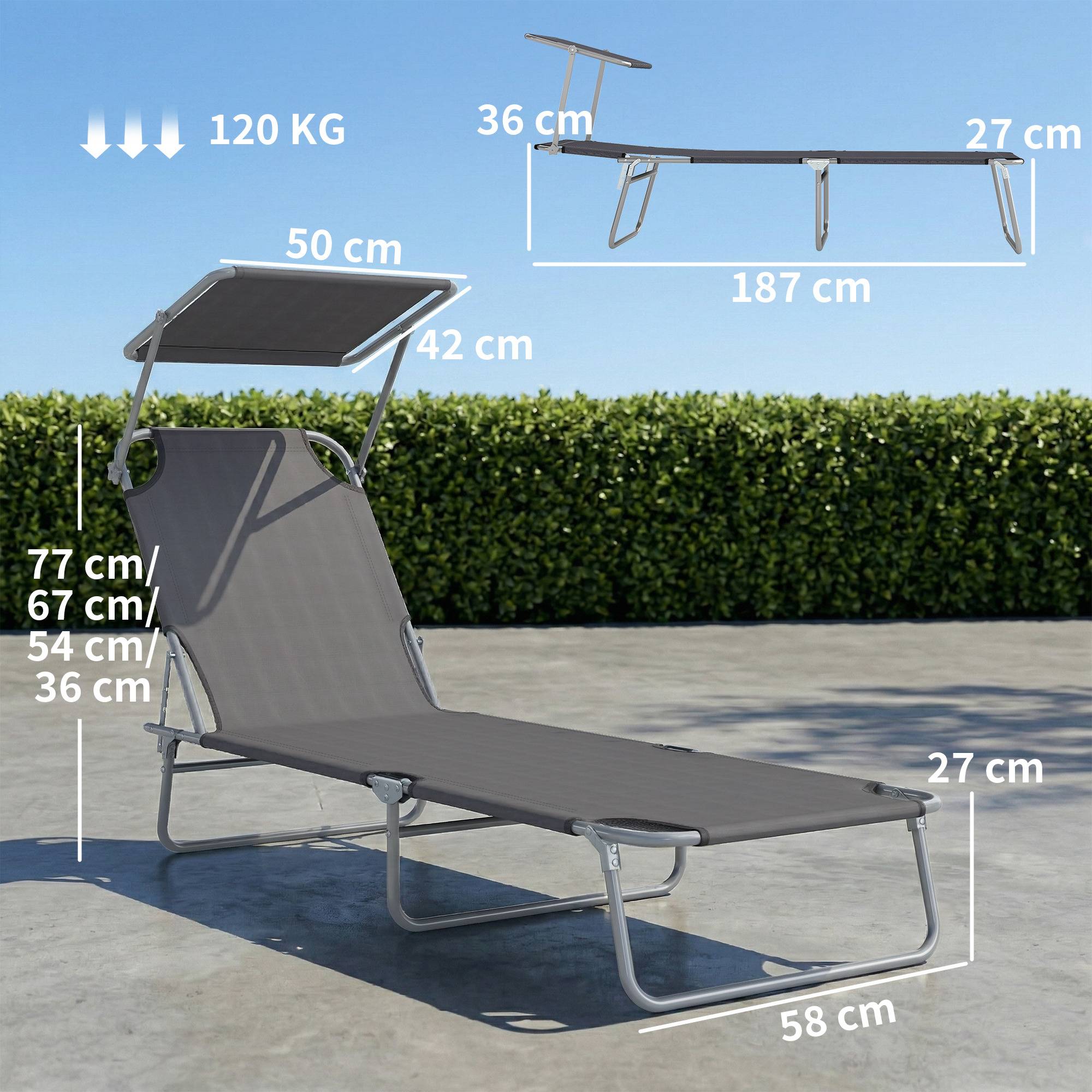 "Transat pliant grand confort, dossier multi-positions, pare-soleil réglable, 187x58x36 cm, gris" - Image 5