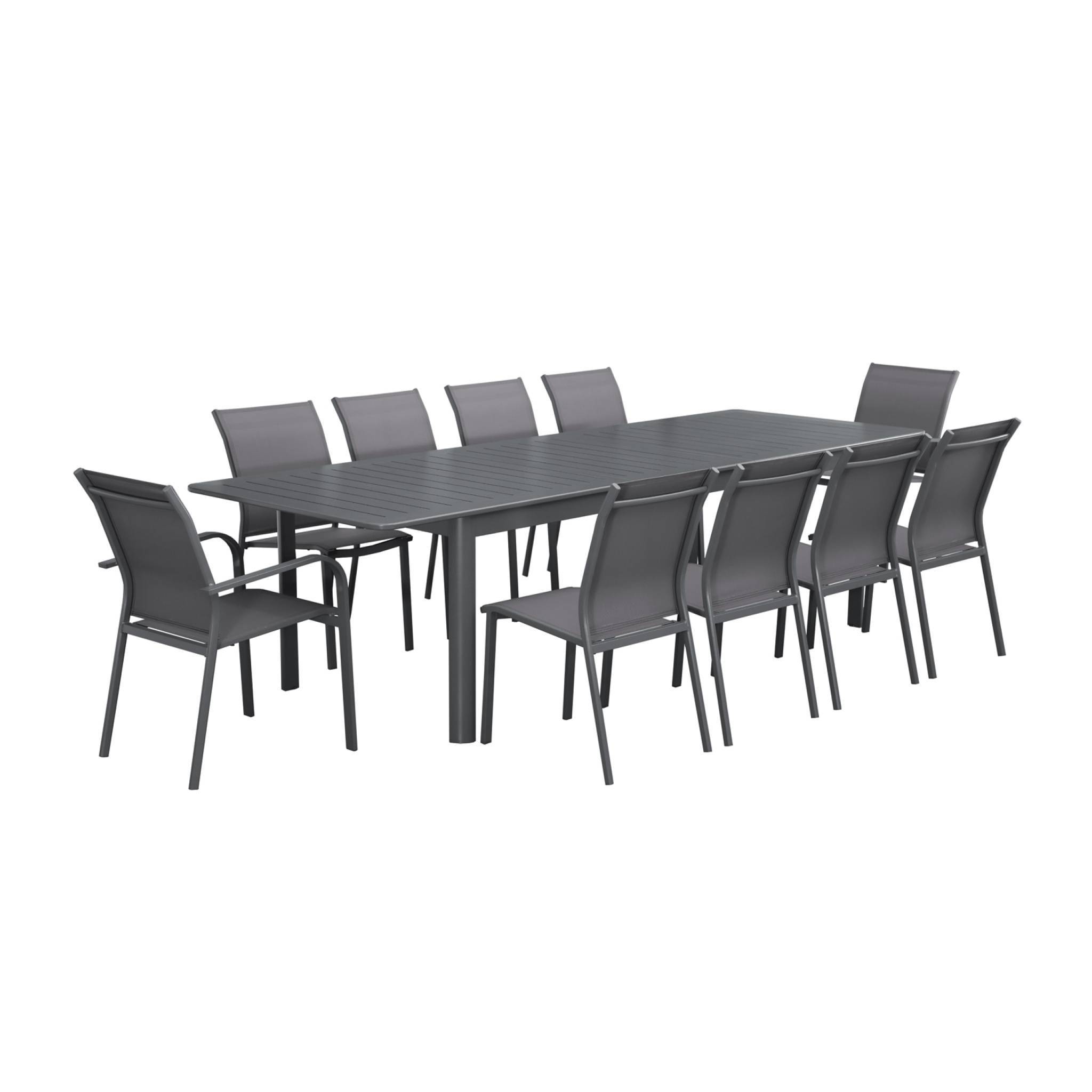 sweeek - Table de jardin extensible aluminium + 10 assises aluminium et textilène anthracite. 8 chaises. 2 fauteuils. 10 places. 290 x 100 x 75 cm | sweeek - Image 2