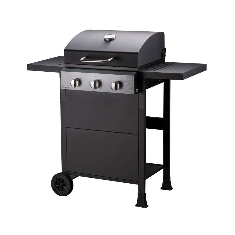 Barbecue gaz sur chariot 3 feux - COOKING BOX - 3 brûleurs - Grilles en acier émaillée 49 x 39 cm - tablettes rabattables - Noir