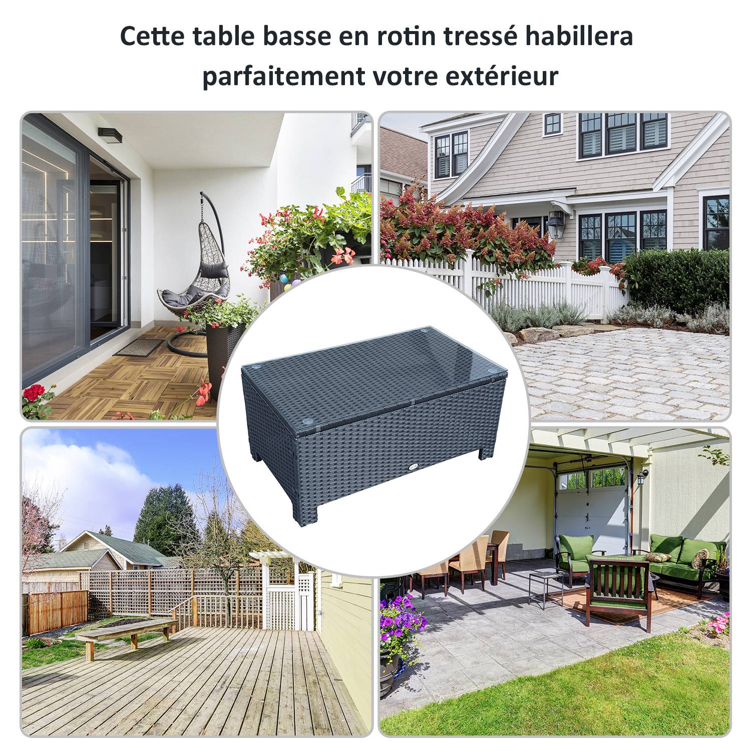 Table Basse de Jardin Plateau Verre trempé 5 mm rotin tressé 85 x 50 x 39cm Max. 50 kg Noir - Image 8