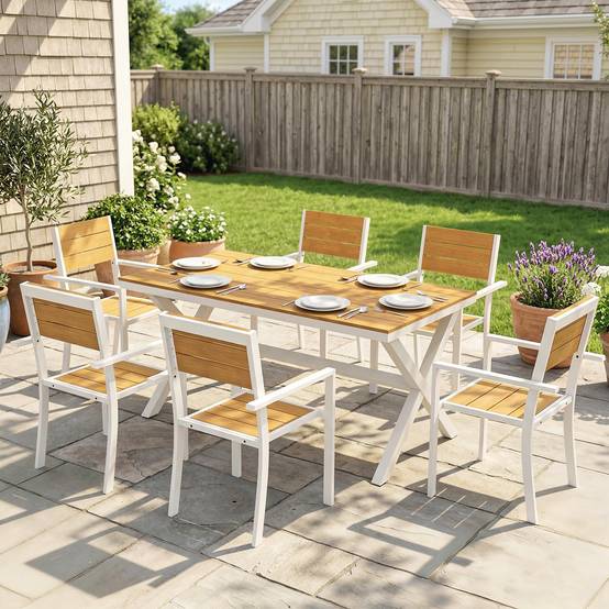 ComfortXL - Salon de jardin 7 pièces aluminium et composite imitation bois table 6 chaises empilables - ComfortXL Outdoor Living - Image 4