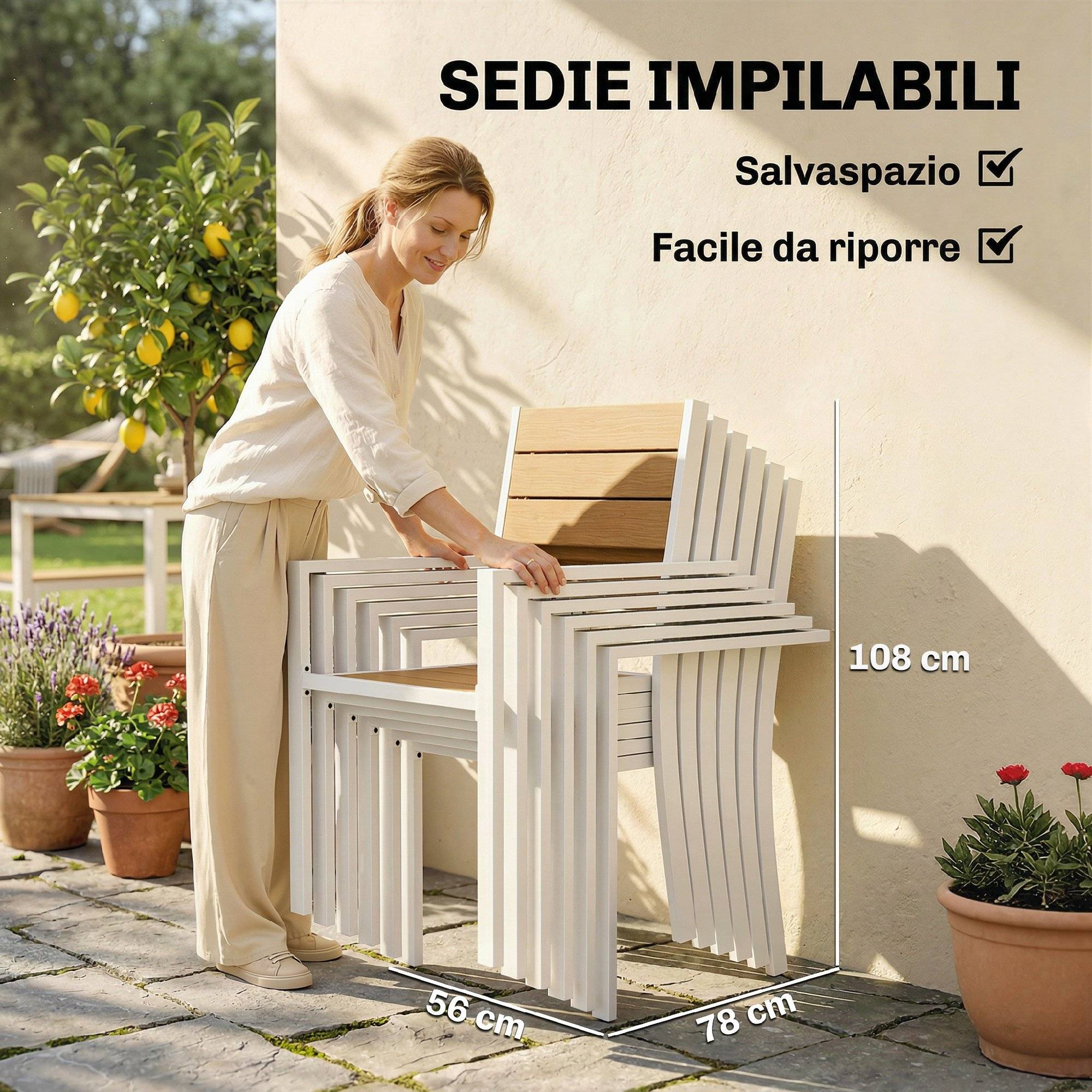 ComfortXL - Salon de jardin 7 pièces aluminium et composite imitation bois table 6 chaises empilables - ComfortXL Outdoor Living - Image 8
