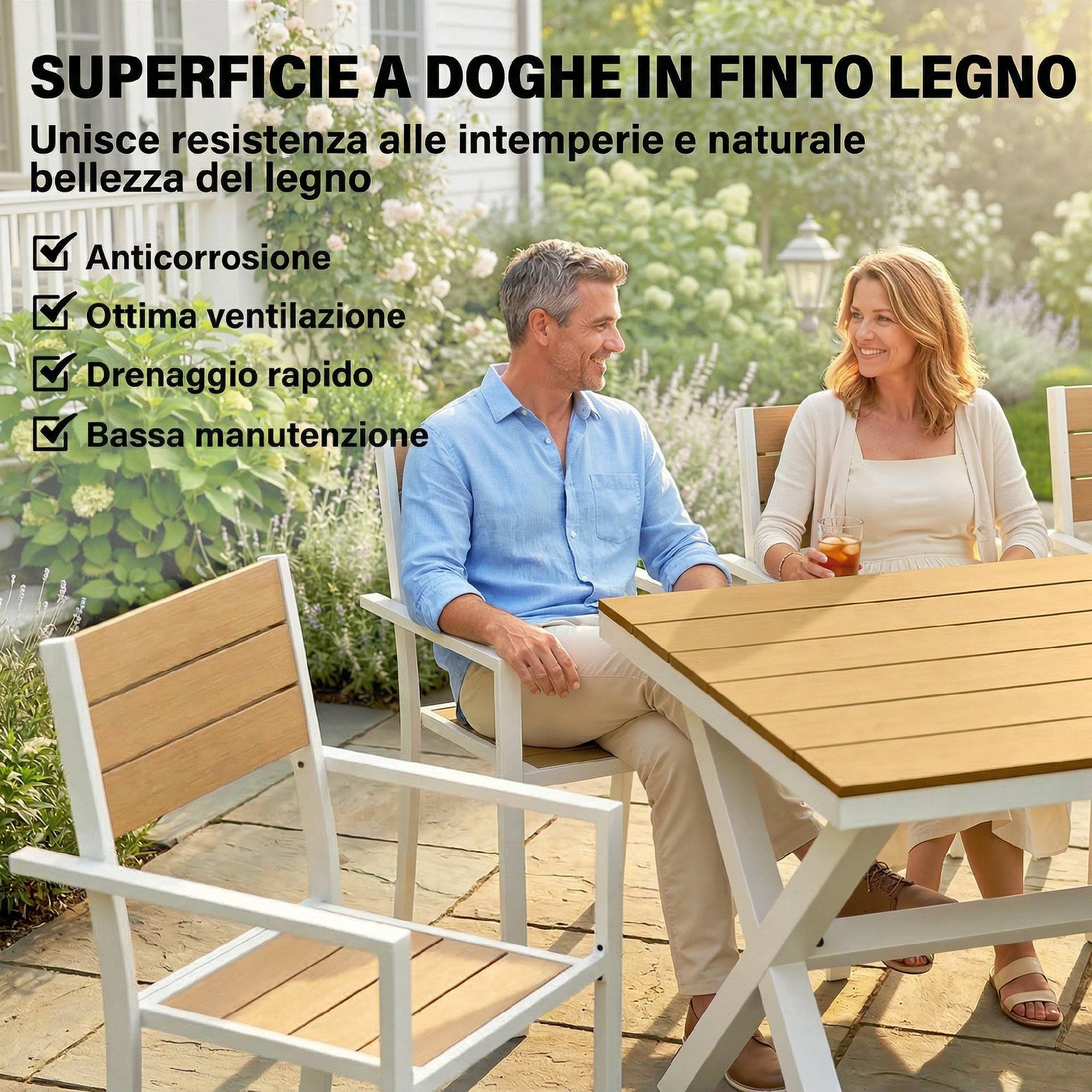 ComfortXL - Salon de jardin 7 pièces aluminium et composite imitation bois table 6 chaises empilables - ComfortXL Outdoor Living - Image 7