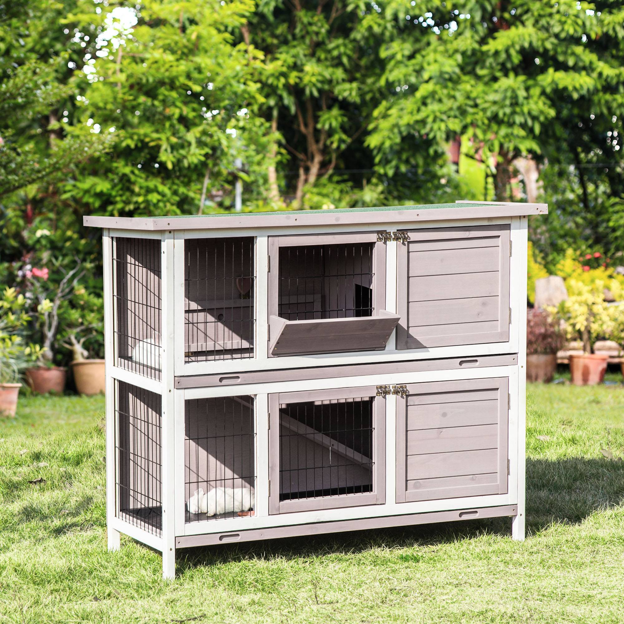 Sans Marque - Cage lapin bois massif clapier 2 niveaux toit ouvrant auge plateaux coulissants 4 portes 122x50x101 cm gris/blanc - Image 4