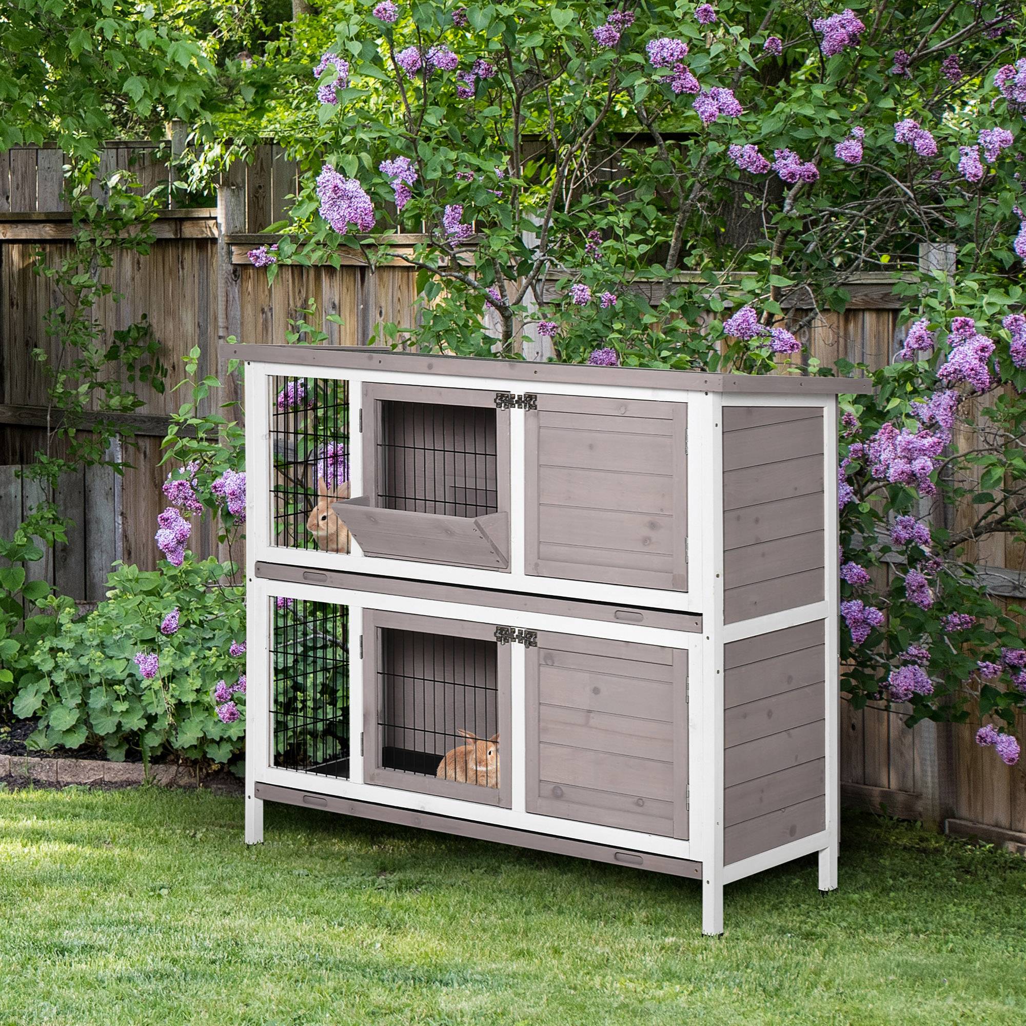 Sans Marque - Cage lapin bois massif clapier 2 niveaux toit ouvrant auge plateaux coulissants 4 portes 122x50x101 cm gris/blanc - Image 3