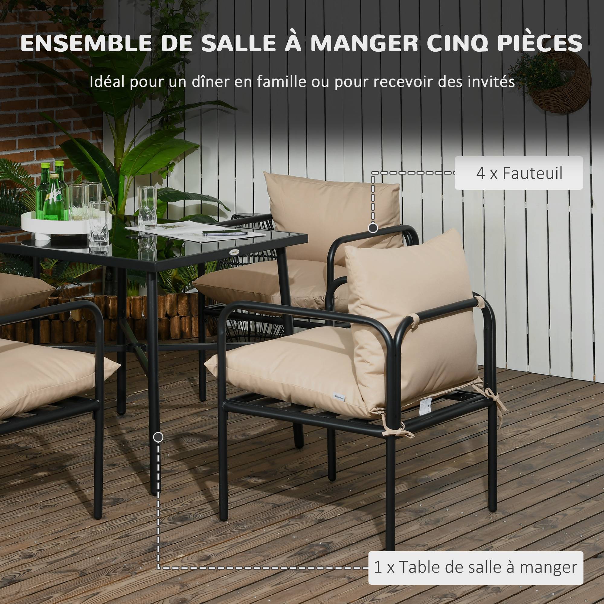 Salon de jardin ensemble table et chaises 5 pièces 1 table à manger carrée et 4 chaises 4 coussins - Image 7