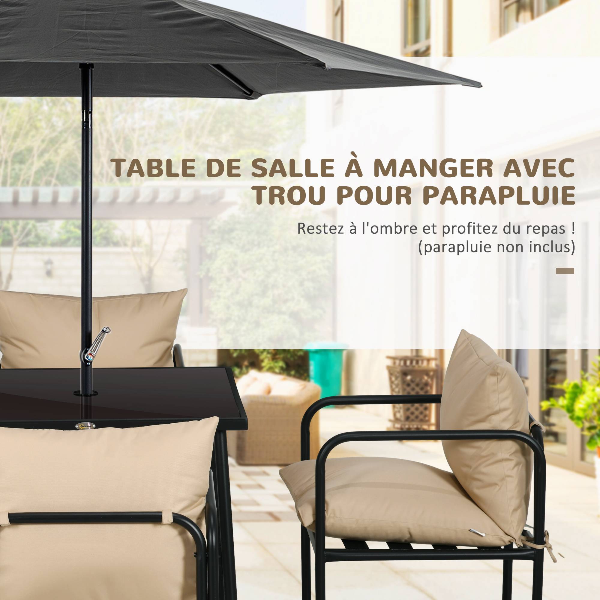 Salon de jardin ensemble table et chaises 5 pièces 1 table à manger carrée et 4 chaises 4 coussins - Image 6