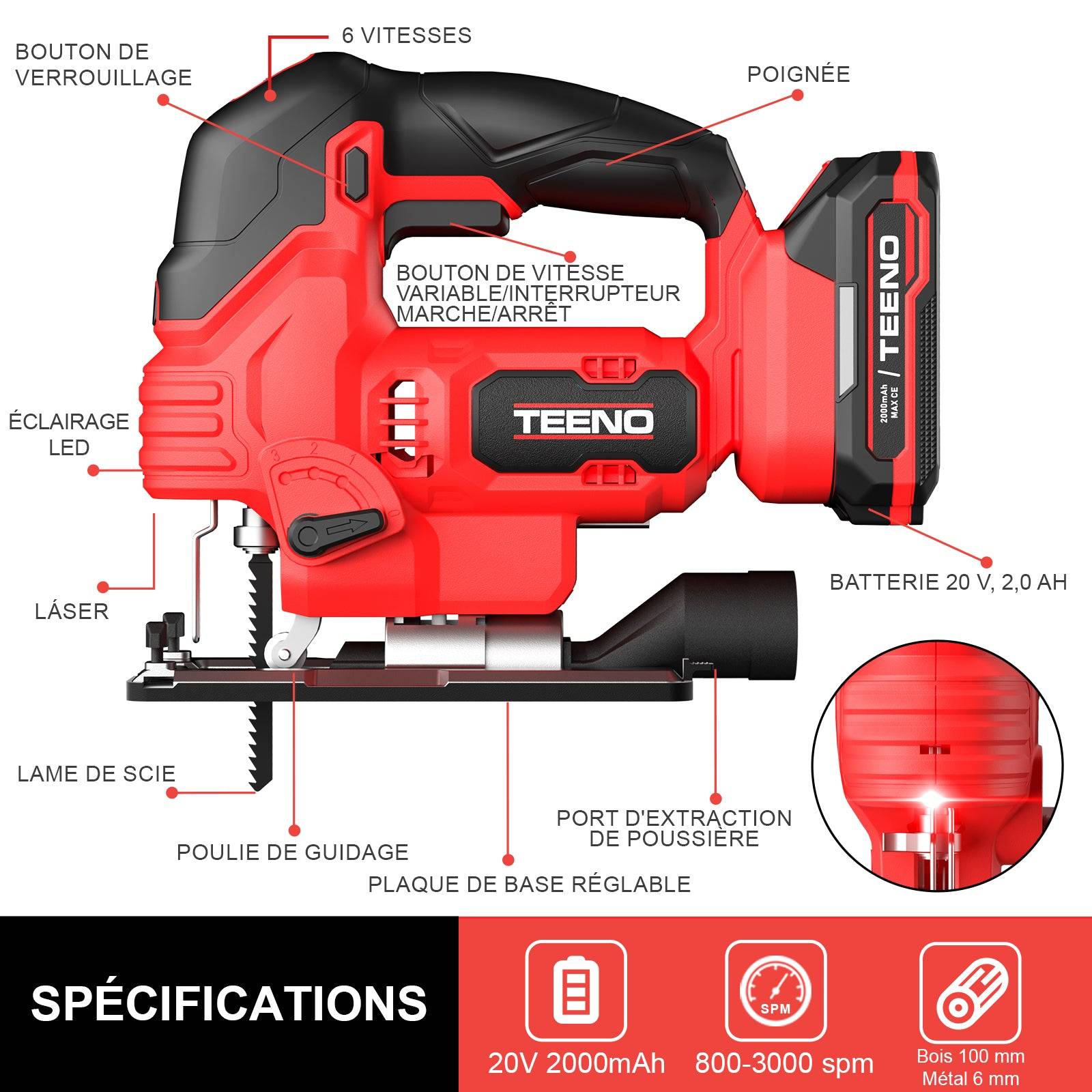 Teeno - Scie Sauteuse Sans Fil pour Batterie Makita 20 V, 800-3000 SPM Scie Sauteuse Laser avec 5 lames, Inclinaison ± 45°, 6 vitesses, LED, coupe du - Image 2