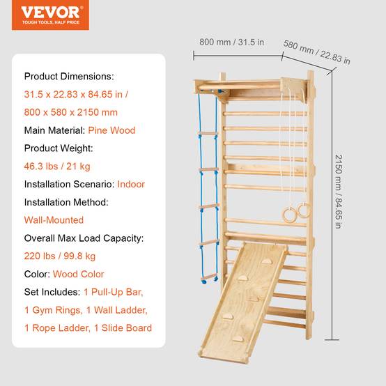 VEVOR Échelle murale suédoise bois 5-en-1. Barre traction, anneaux. Charge 220 lb. - Image 7