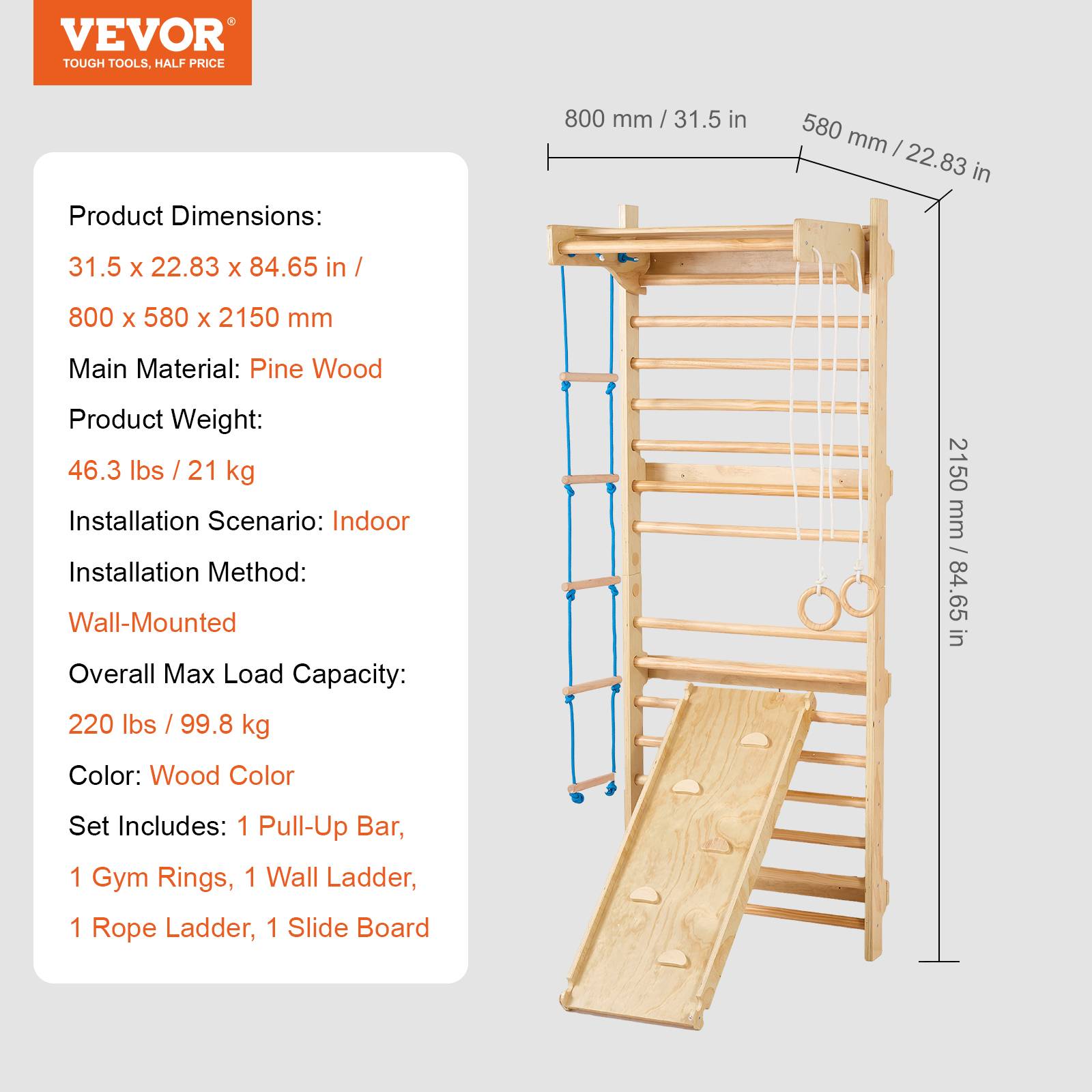 VEVOR Échelle murale suédoise bois 5-en-1. Barre traction, anneaux. Charge 220 lb. - Image 7