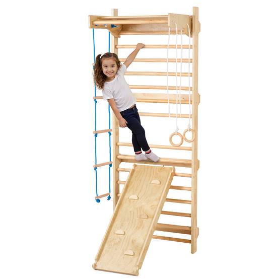 VEVOR Échelle murale suédoise bois 5-en-1. Barre traction, anneaux. Charge 220 lb. - Image 1