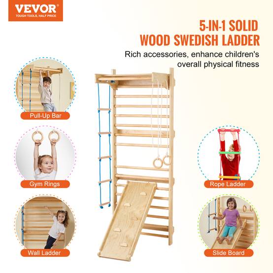 VEVOR Échelle murale suédoise bois 5-en-1. Barre traction, anneaux. Charge 220 lb. - Image 2