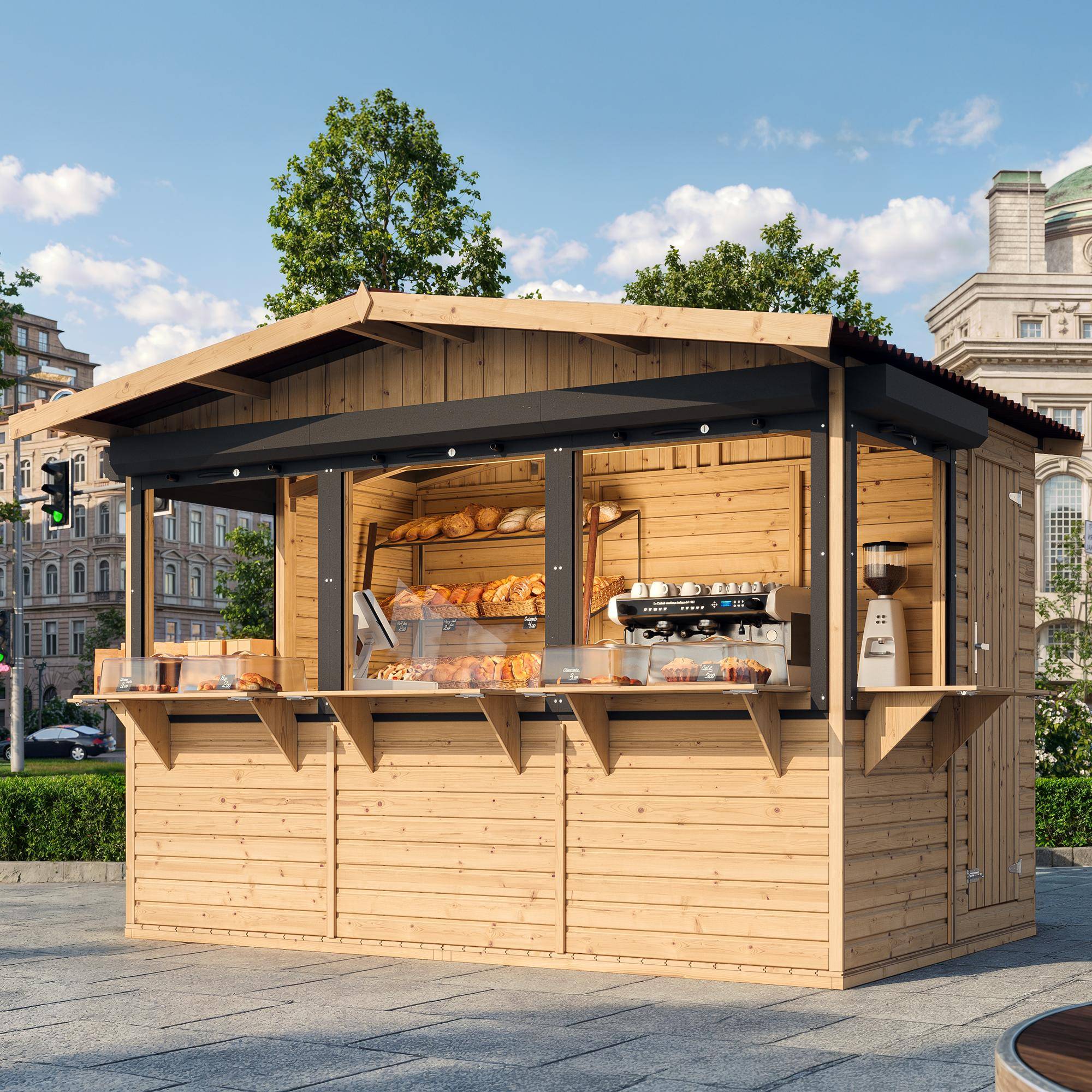 Timbela - Maison de jardin en bois 263 x 336 cm / 6 m² - Étal de marché en bois avec comptoir - Bar jardin - 17 mm d’épaisseur - Timbela M150BZ