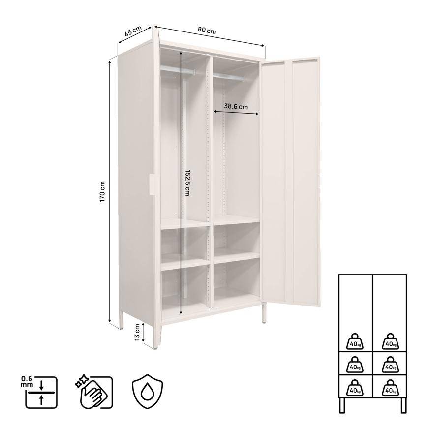 Sicaan Armoire industrielle en métal H.170cm 2 portes, 4 étagères, 2 penderies beige - THEA - Image 2