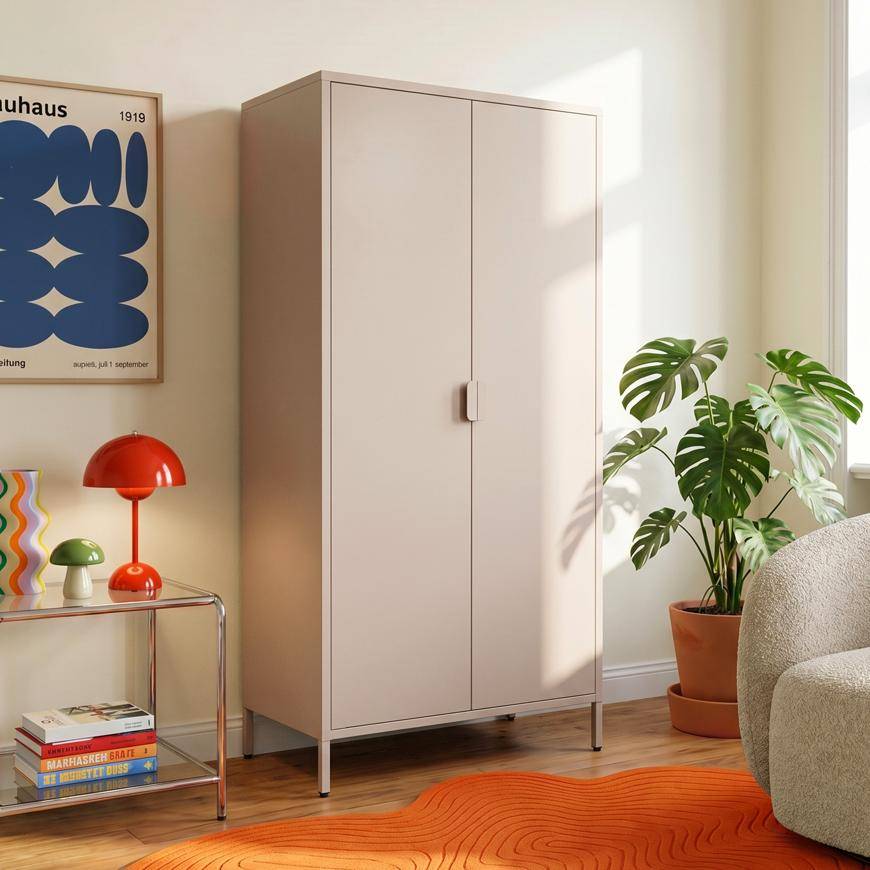 Sicaan Armoire industrielle en métal H.170cm 2 portes, 4 étagères, 2 penderies beige - THEA - Image 1