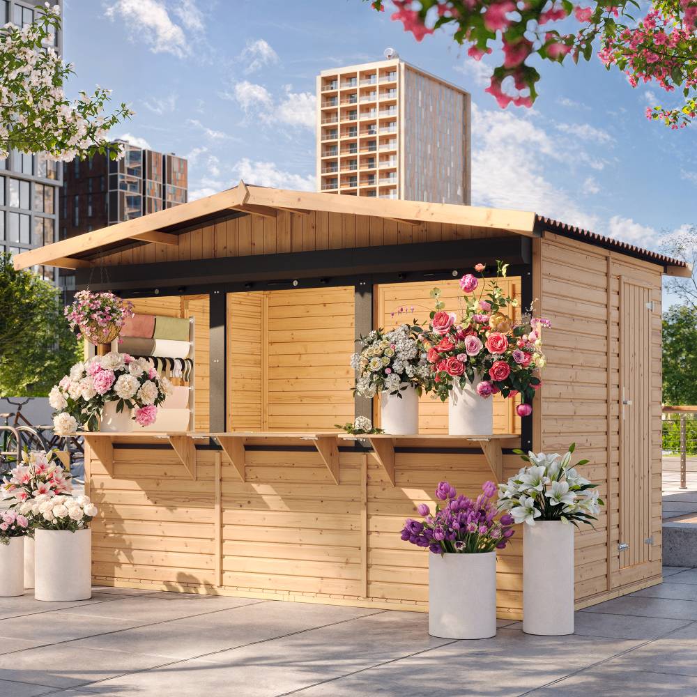 Timbela - Maison de jardin en bois 263 x 336 cm / 6 m² - Étal de marché en bois avec comptoir - Bar jardin - 17 mm d’épaisseur - Timbela M150AZ