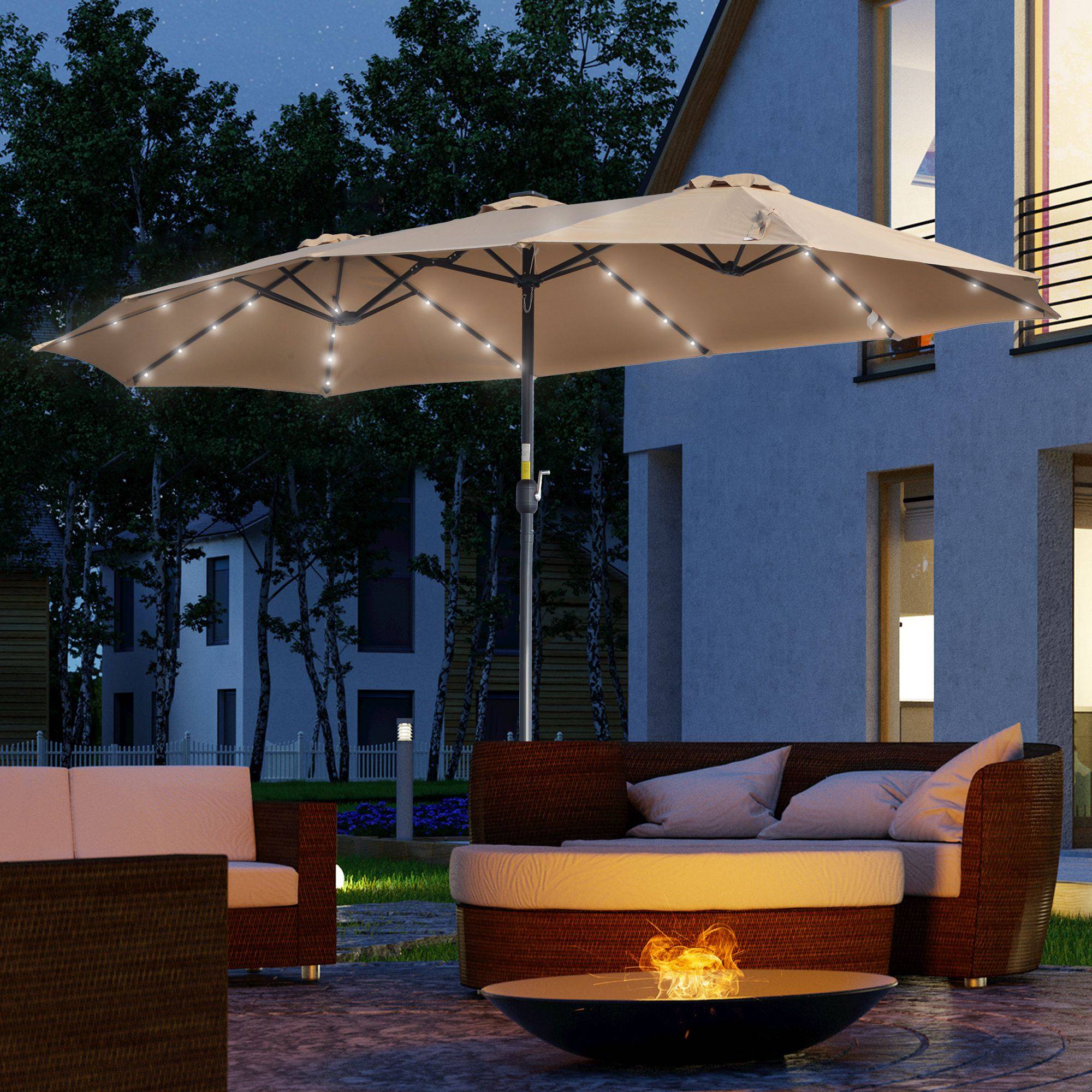 Parasol de jardin double de 4,5 m avec 48 lumières LED et manivelle, kaki - Image 4