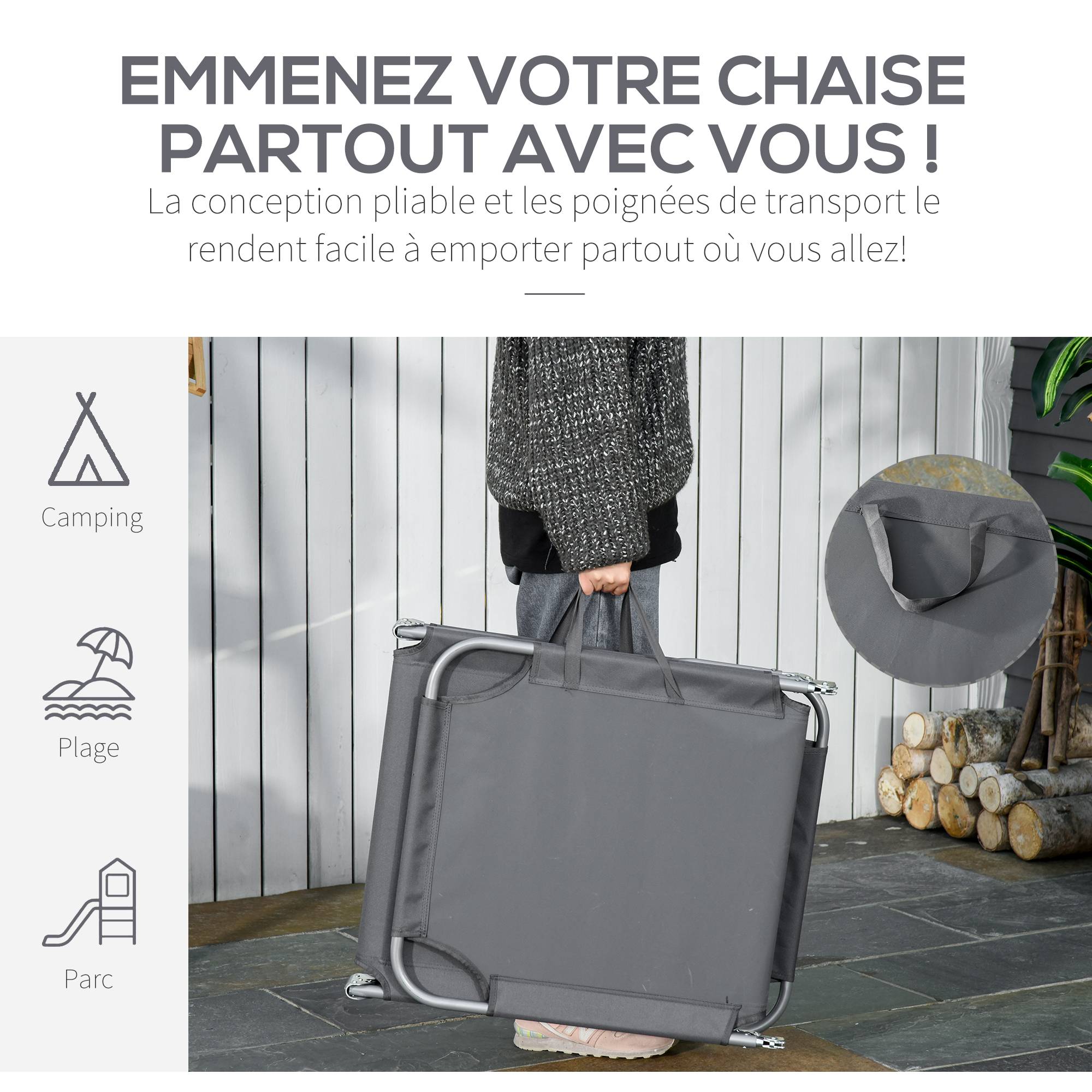 Outsunny - Bain de soleil transat pliable dossier réglable multipositions métal et polyester gris - Outsunny - Image 5