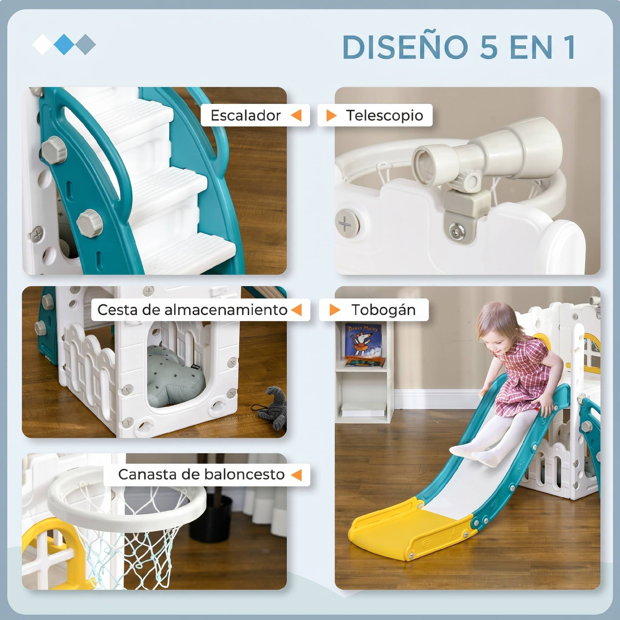 Toboggan 5 en 1 pour enfants avec panier de basket, télescope, structure d'escalade et panier inférieur pour une utilisation en intérieur - Image 6