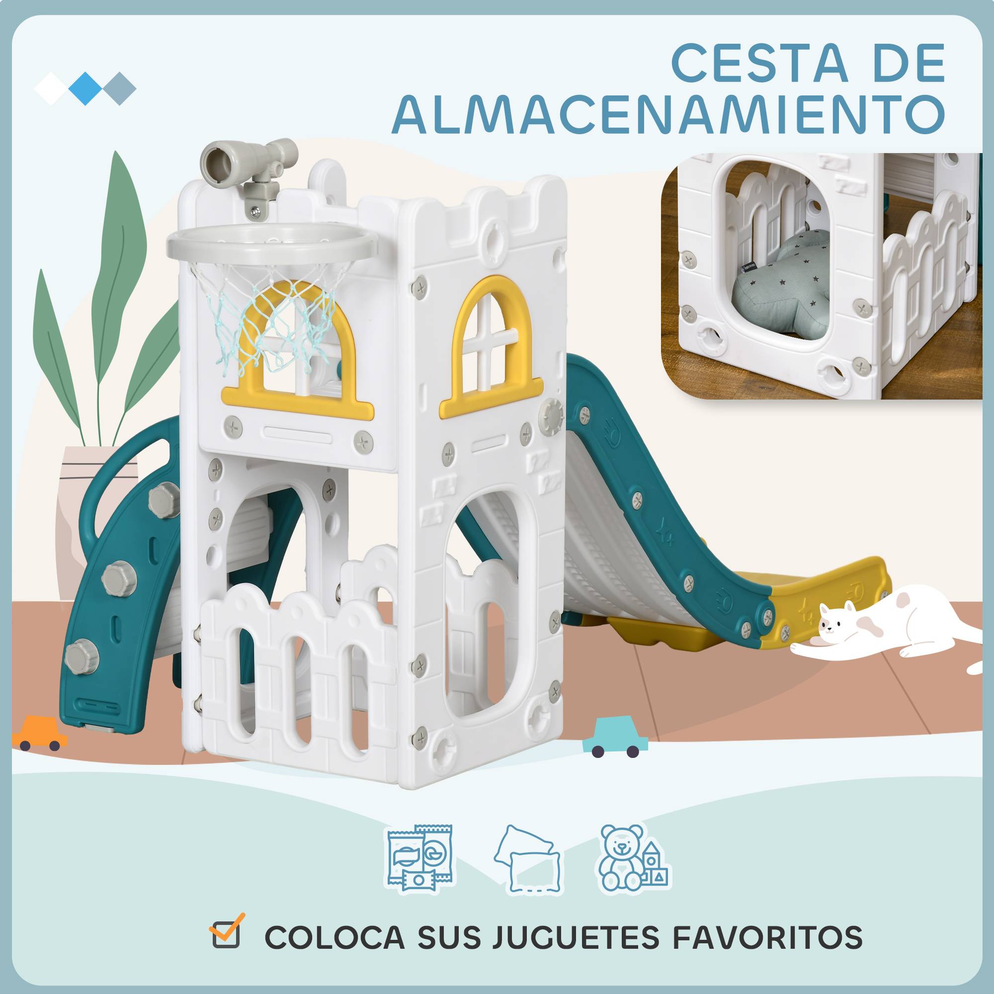 Toboggan 5 en 1 pour enfants avec panier de basket, télescope, structure d'escalade et panier inférieur pour une utilisation en intérieur - Image 9
