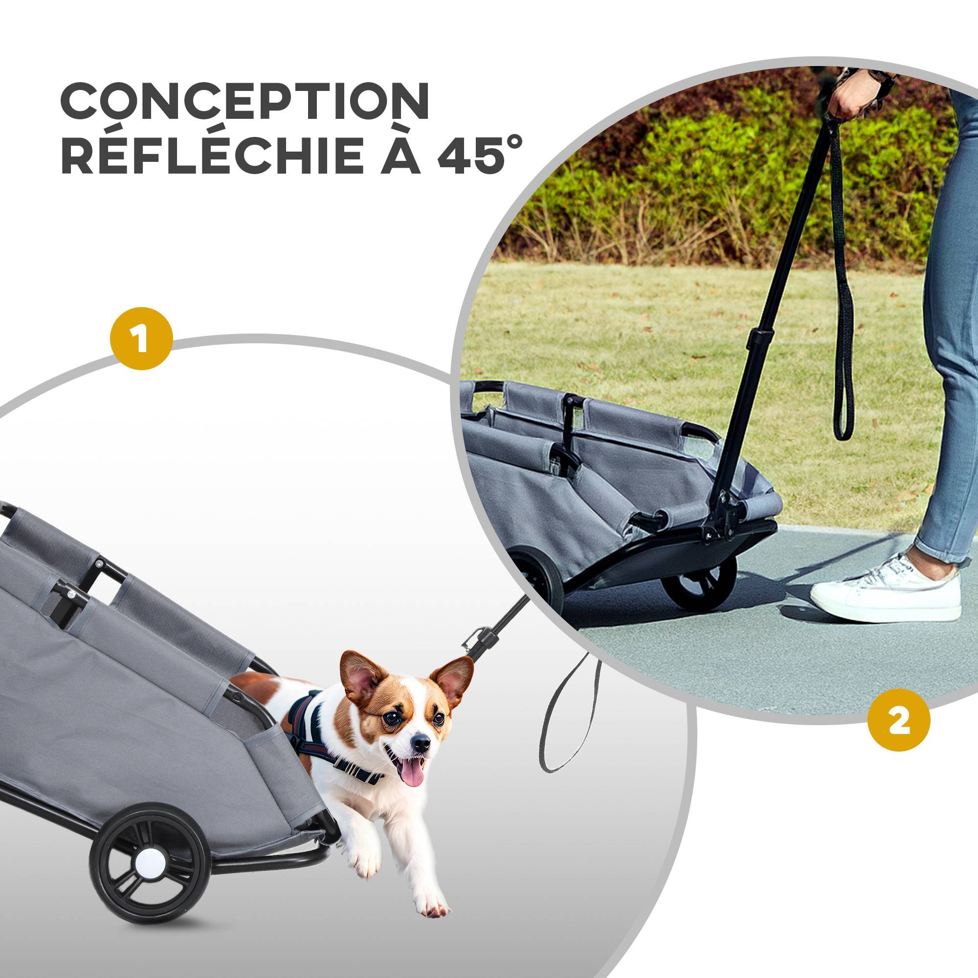 Poussette pour chien poussette petit chien pliable à 4 roues avec tige de poussée réglable 53 x 45 x 28 cm gris - Image 8