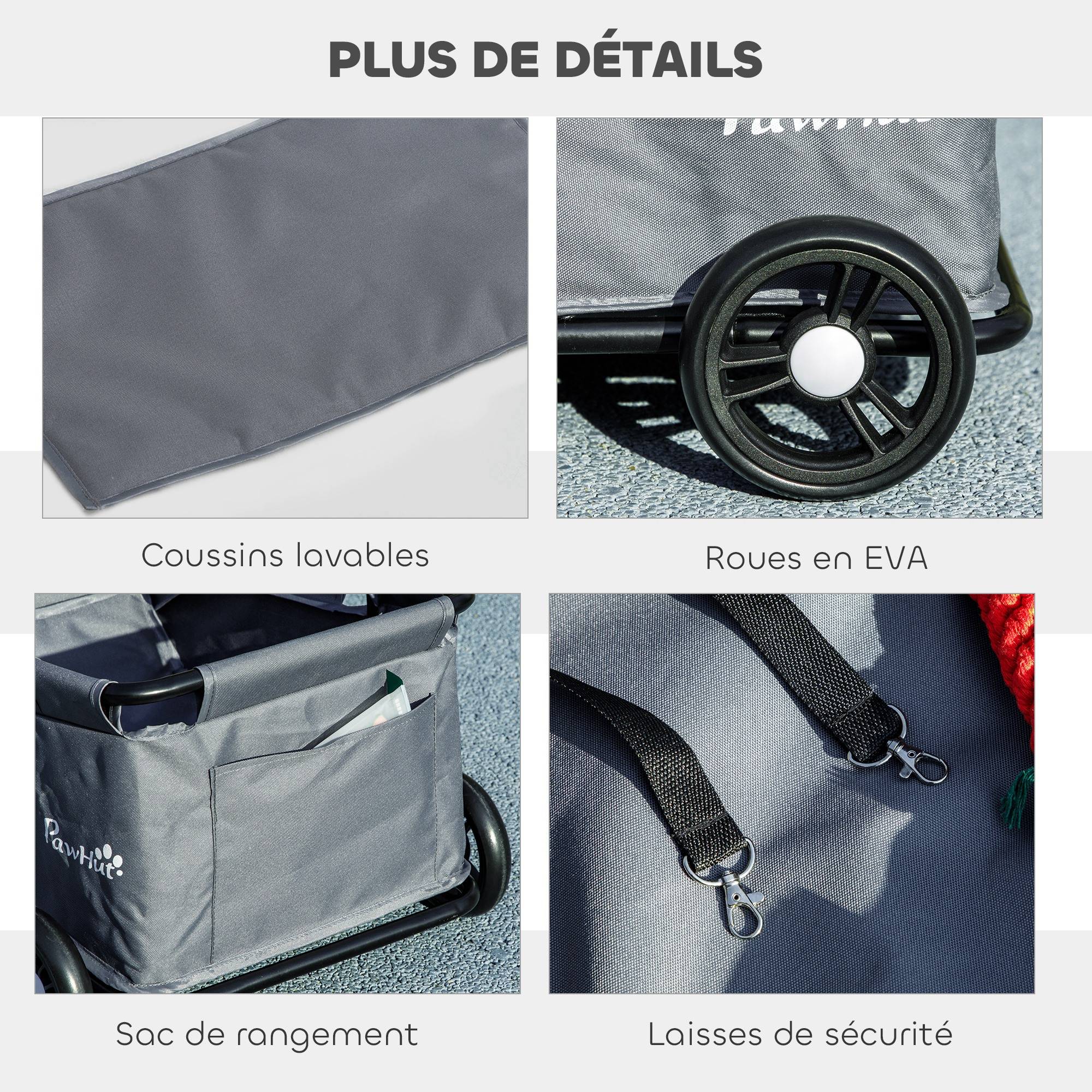 Poussette pour chien poussette petit chien pliable à 4 roues avec tige de poussée réglable 53 x 45 x 28 cm gris - Image 9