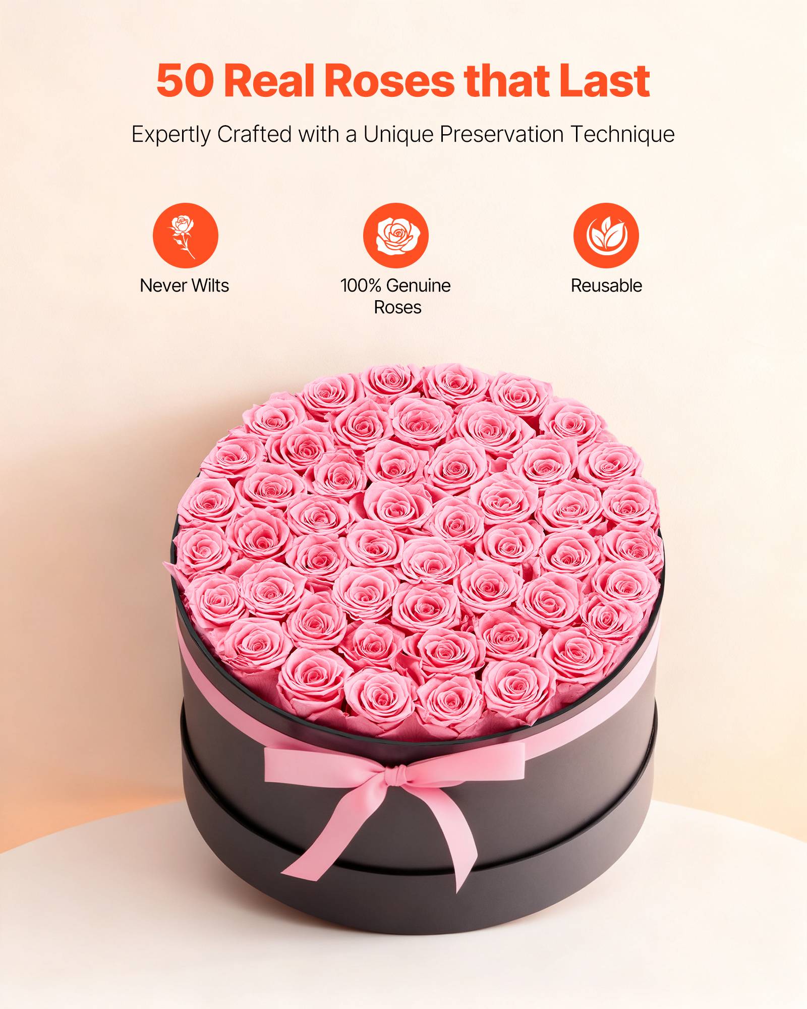 Vevor - VEVOR Rose Éternelle Fleurs Éternelles Préservées 50 PCS Boîte Ronde Rose Doux - Image 2