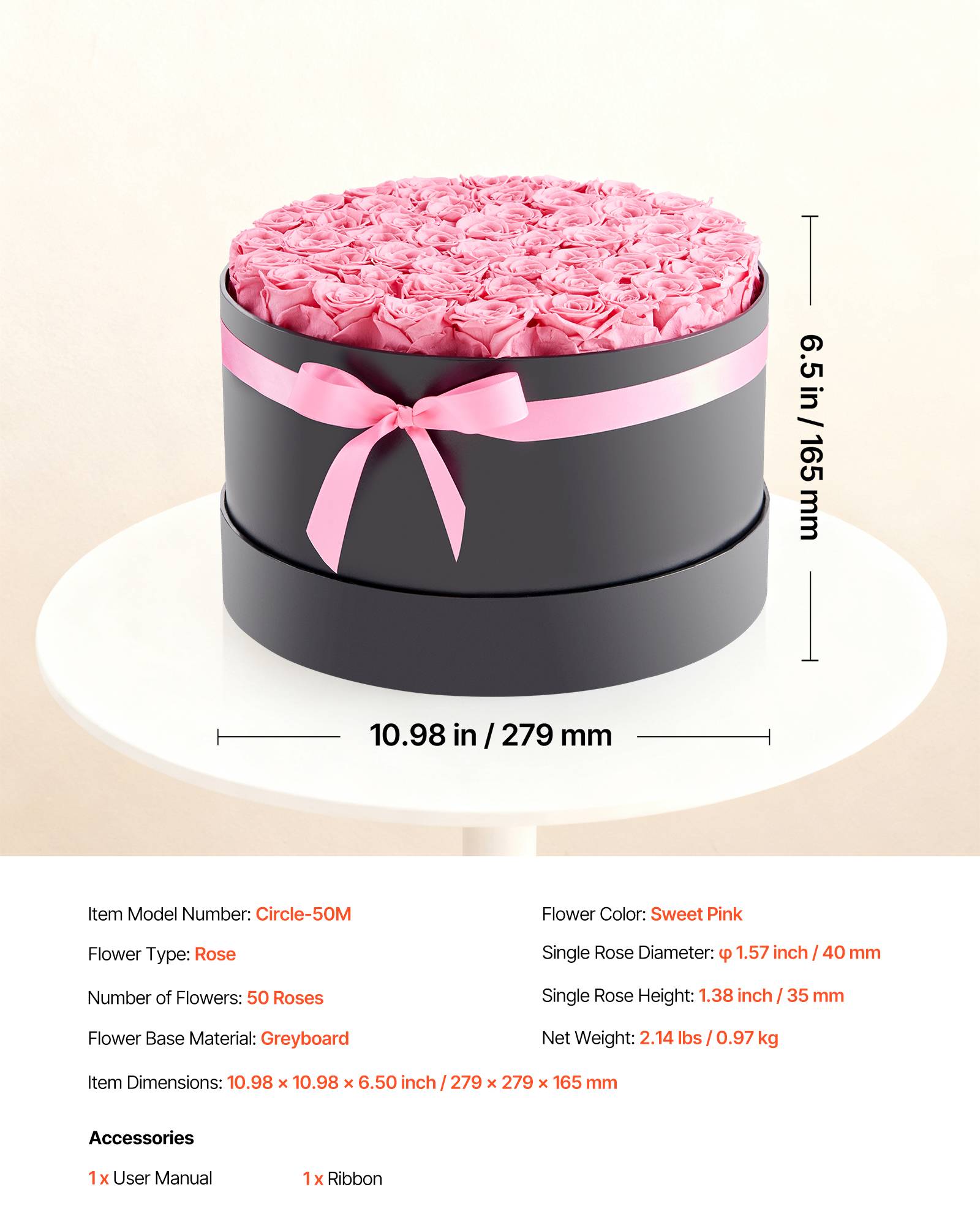 Vevor - VEVOR Rose Éternelle Fleurs Éternelles Préservées 50 PCS Boîte Ronde Rose Doux - Image 7