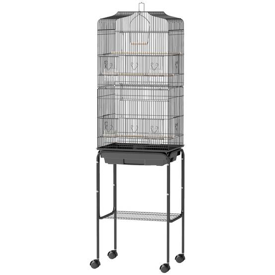Volière cage oiseaux acier sur roulettes étagère toit ouvrant 46x36x157cm noir - ComfortXL Outdoor Living - Image 2