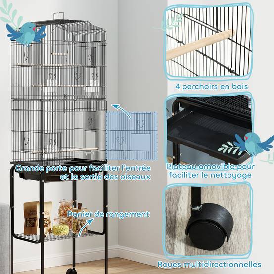 Volière cage oiseaux acier sur roulettes étagère toit ouvrant 46x36x157cm noir - ComfortXL Outdoor Living - Image 7