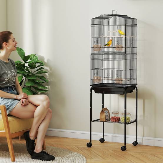 Volière cage oiseaux acier sur roulettes étagère toit ouvrant 46x36x157cm noir - ComfortXL Outdoor Living - Image 3