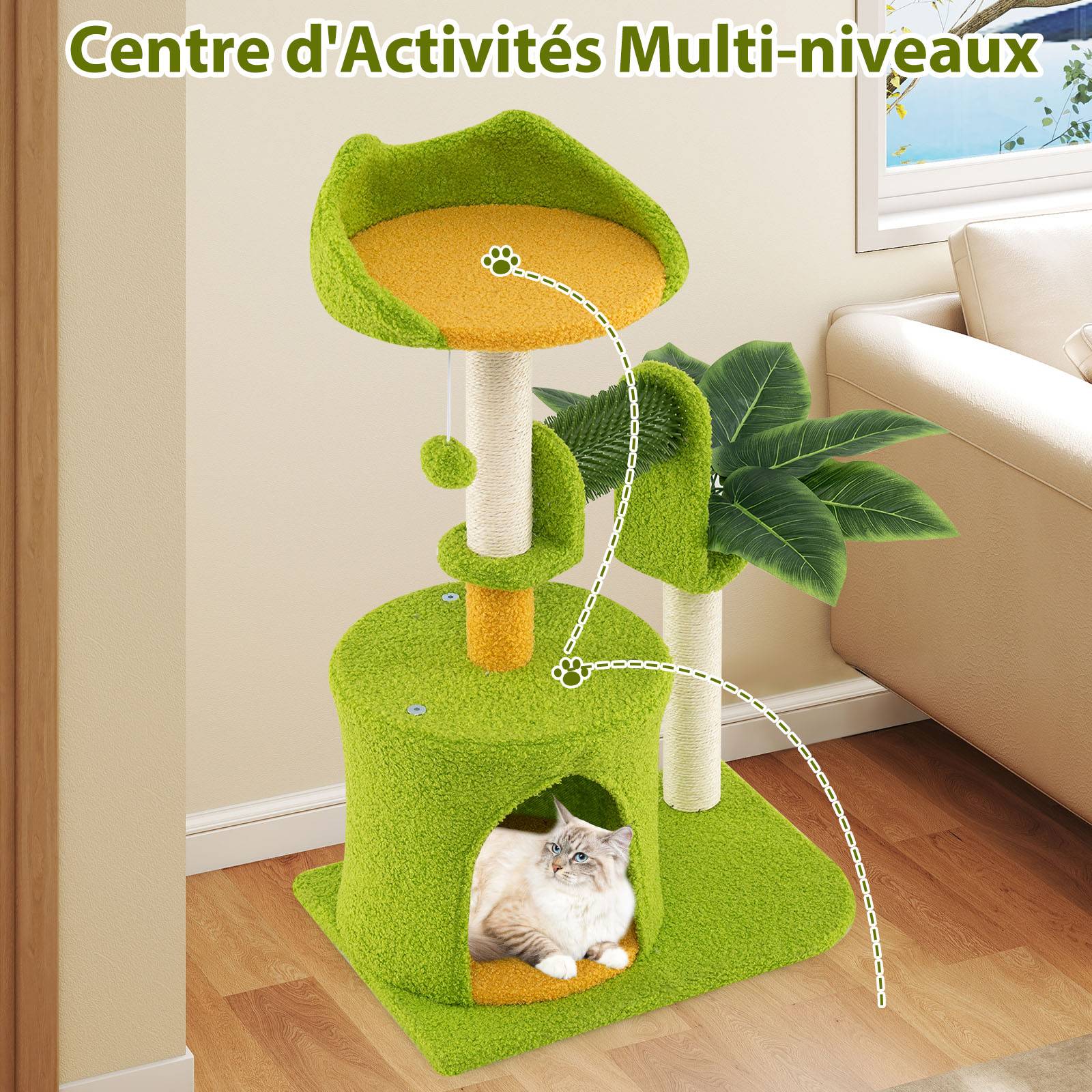 Petit Arbre à Chat, Arbre a Chat Cactus, Condo, Brosse d'Toilettage, Poteaux à Griffer en Sisal, 3 Plateformes, Tour pour Chaton  48 x 33 x 79 cm - Image 4