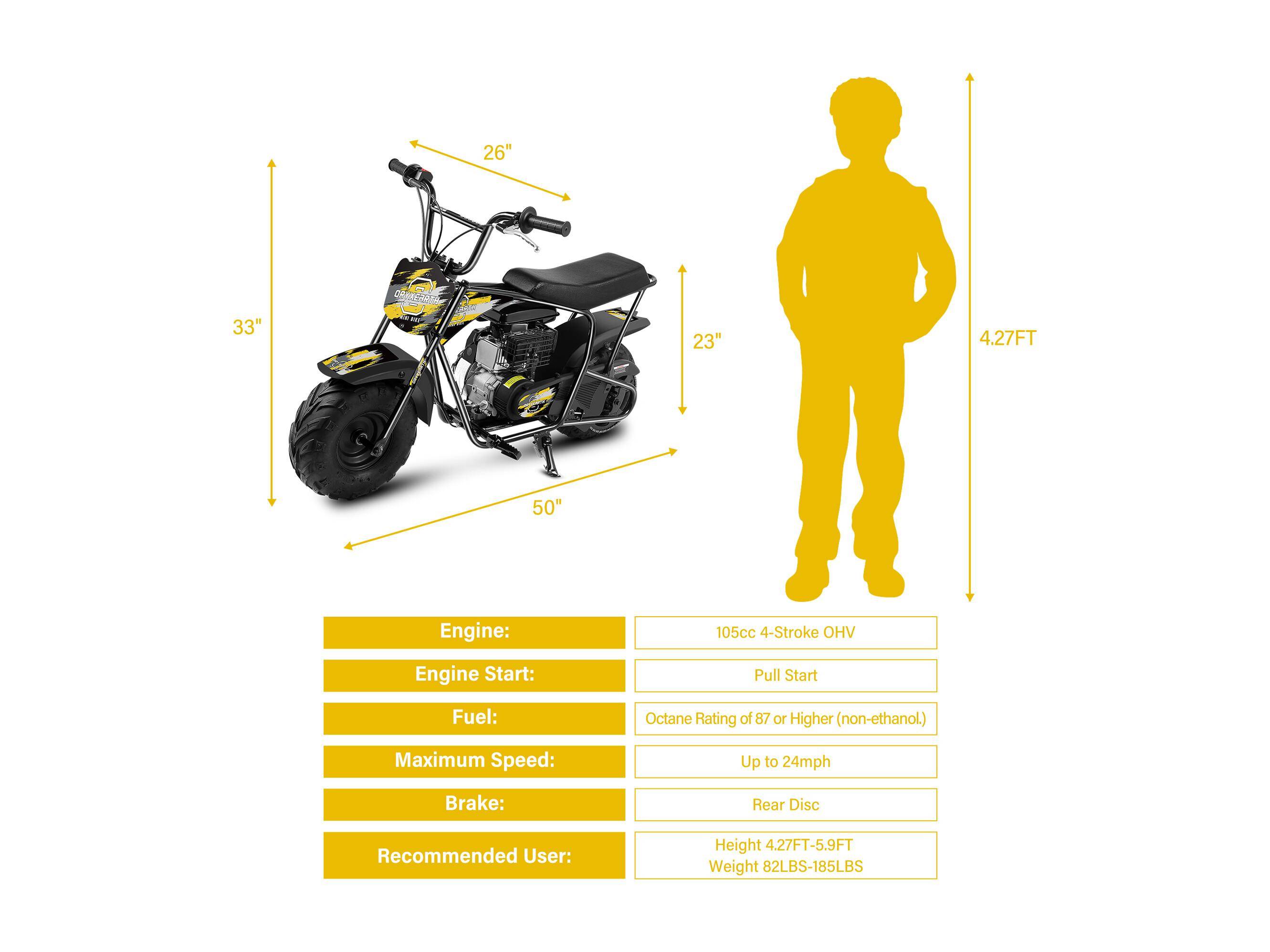 0 - Mini-moto 105CC 4 temps, essence, tout-terrain. Transmission auto + démarreur corde. 4 autocollants DIY. Dès 13 ans (jaune) - Image 5