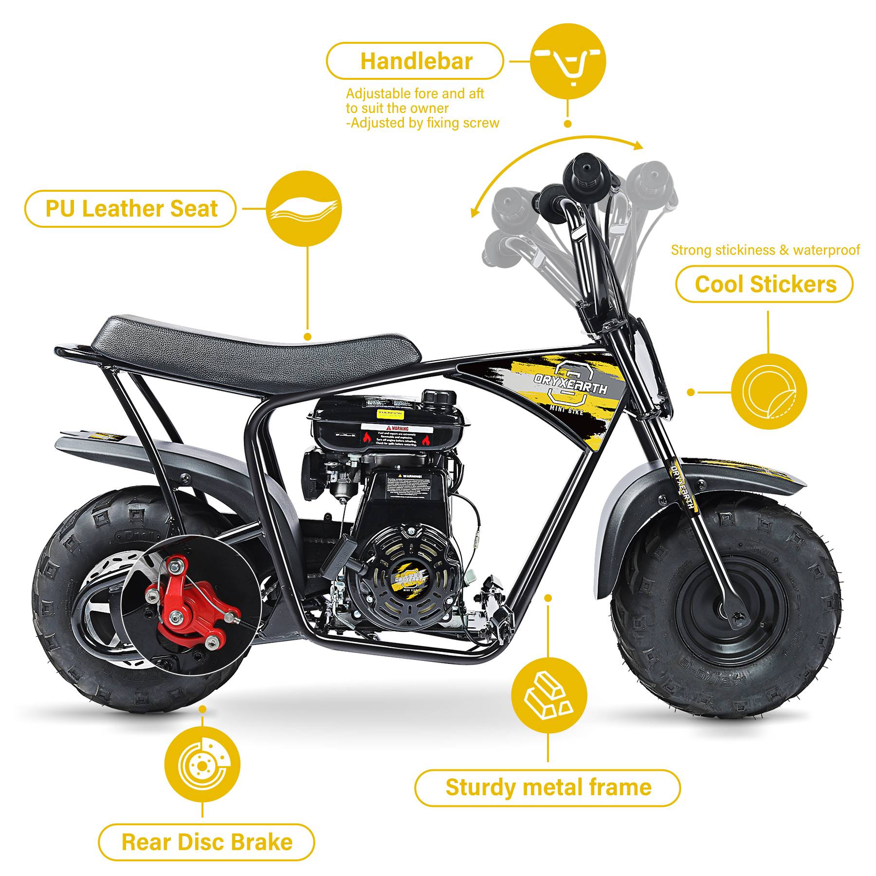 0 - Mini-moto 105CC 4 temps, essence, tout-terrain. Transmission auto + démarreur corde. 4 autocollants DIY. Dès 13 ans (jaune) - Image 8