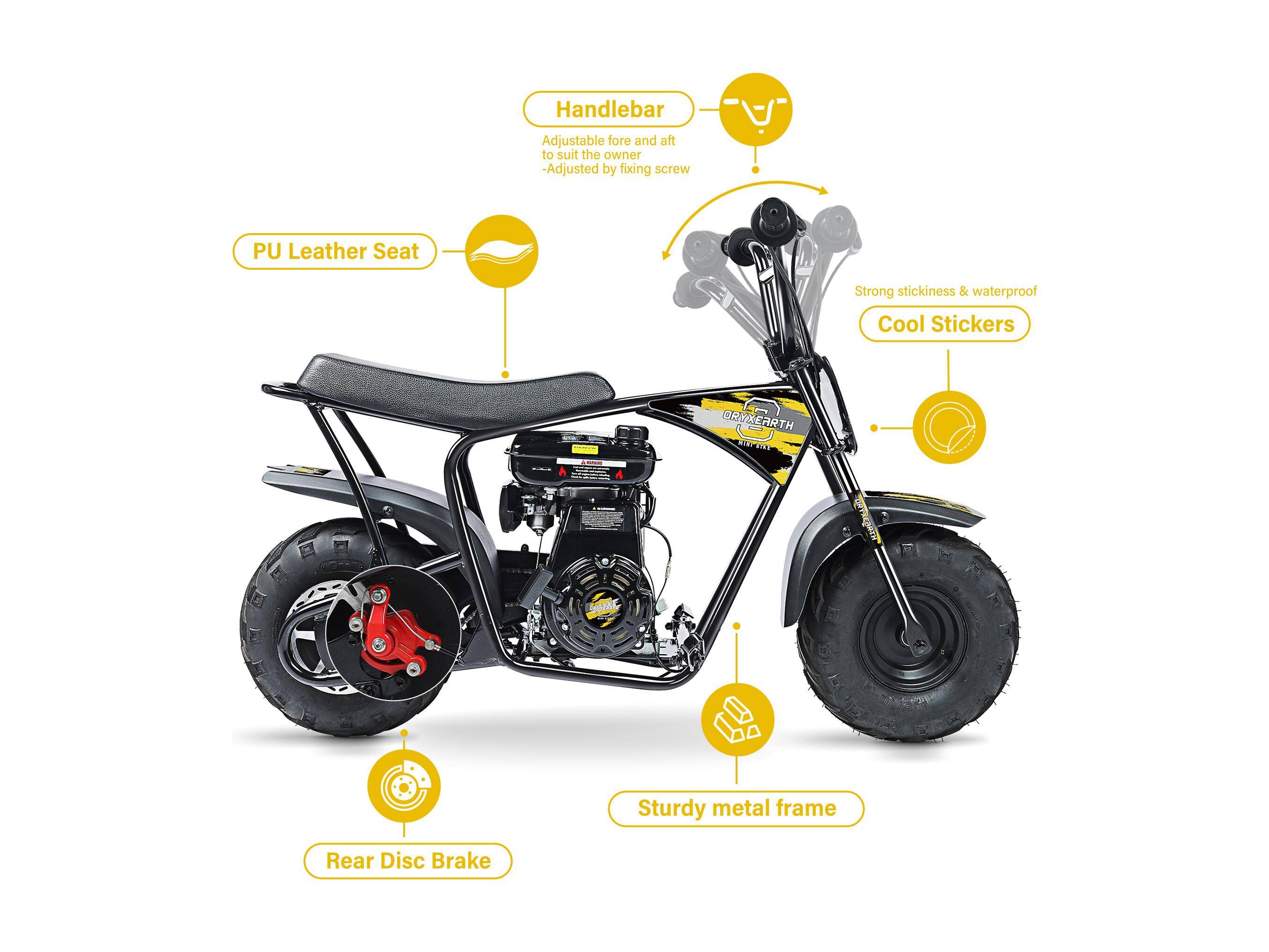 0 - Mini-moto 105CC 4 temps, essence, tout-terrain. Transmission auto + démarreur corde. 4 autocollants DIY. Dès 13 ans (jaune) - Image 6