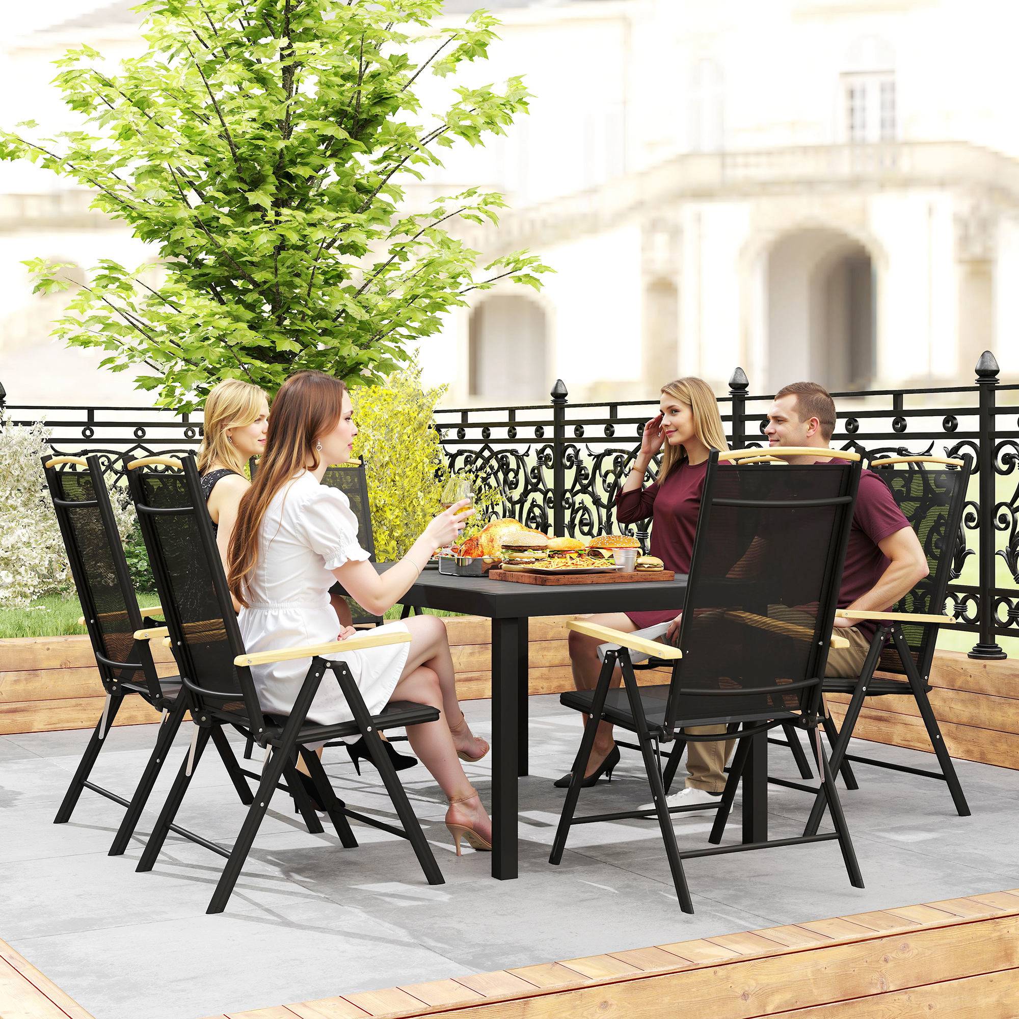 Ensemble de jardin pliant pour 6 personnes, 1 table + 6 chaises, mobilier de jardin, assise, structure en aluminium, noir - Image 10