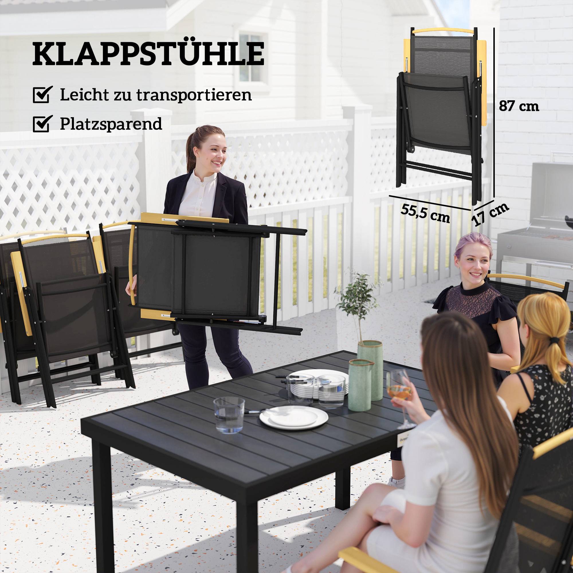 Ensemble de jardin pliant pour 6 personnes, 1 table + 6 chaises, mobilier de jardin, assise, structure en aluminium, noir - Image 7