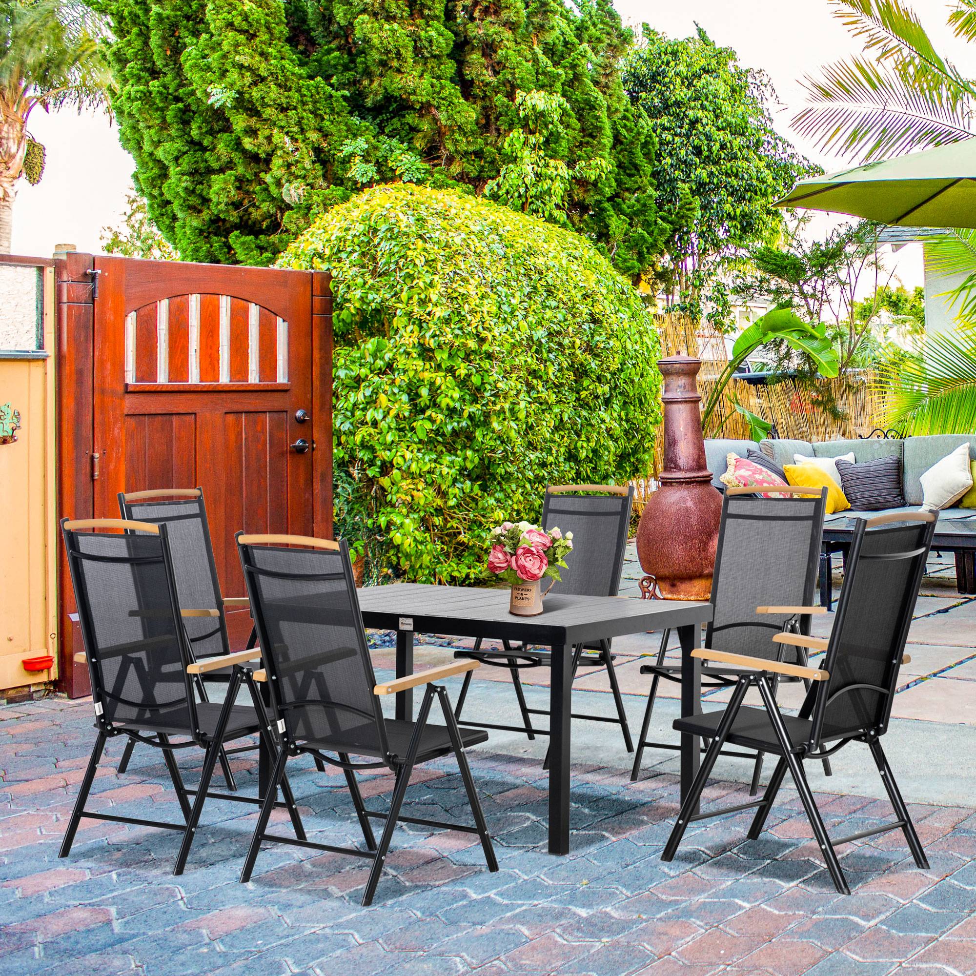 Ensemble de jardin pliant pour 6 personnes, 1 table + 6 chaises, mobilier de jardin, assise, structure en aluminium, noir - Image 4