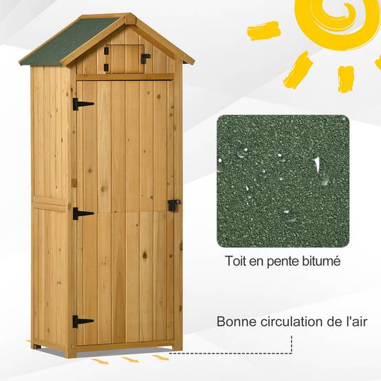 Armoire jardin bois extérieur 3 étagères 2 portes loquet, toit bitumé incliné 77 x 54 x 179 cm jaune - Image 7