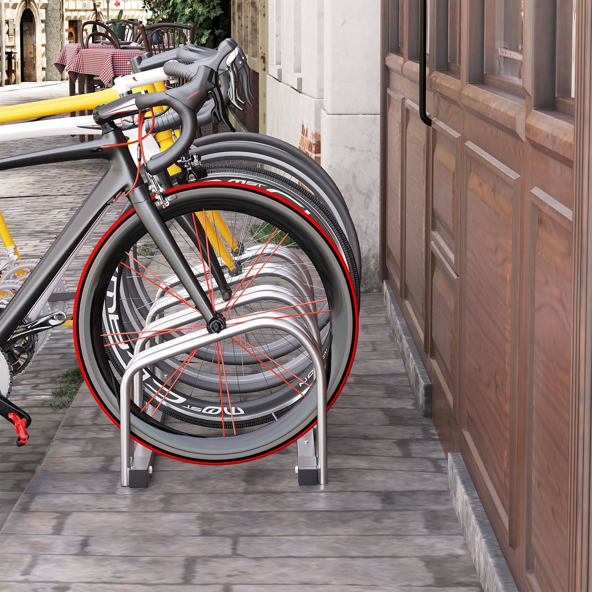 Porte-vélos 4 vélos en acier galvanisé argenté 110 cm, fixation murale ou au sol, support de rangement - Image 3