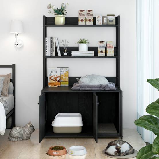 Meuble Cache Litière pour Chat Bois et Métal Maison de Toilette avec Étagères de Rangement Noir - ComfortXL Outdoor Living - Image 3