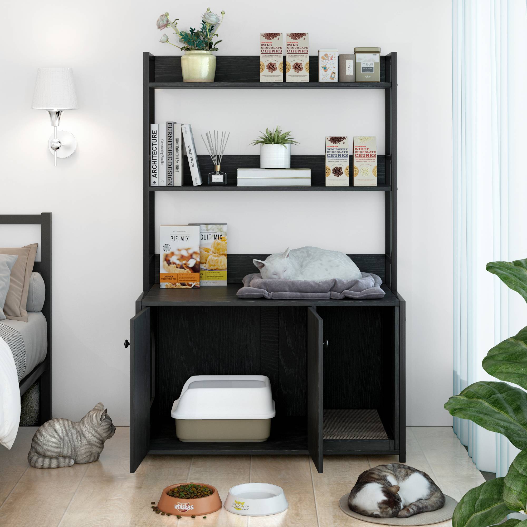 Meuble Cache Litière pour Chat Bois et Métal Maison de Toilette avec Étagères de Rangement Noir - ComfortXL Outdoor Living - Image 3