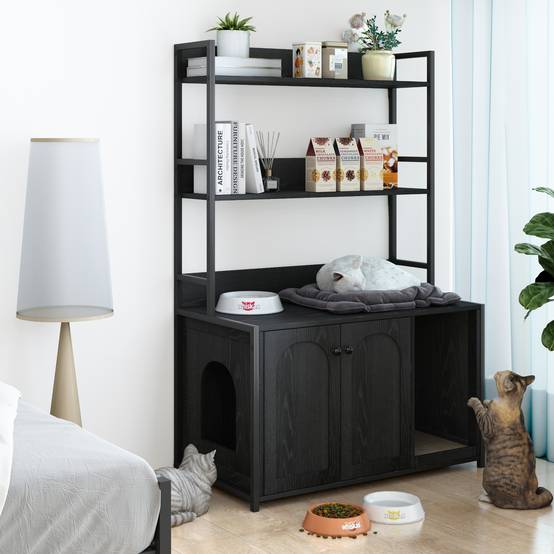 Meuble Cache Litière pour Chat Bois et Métal Maison de Toilette avec Étagères de Rangement Noir - ComfortXL Outdoor Living - Image 1