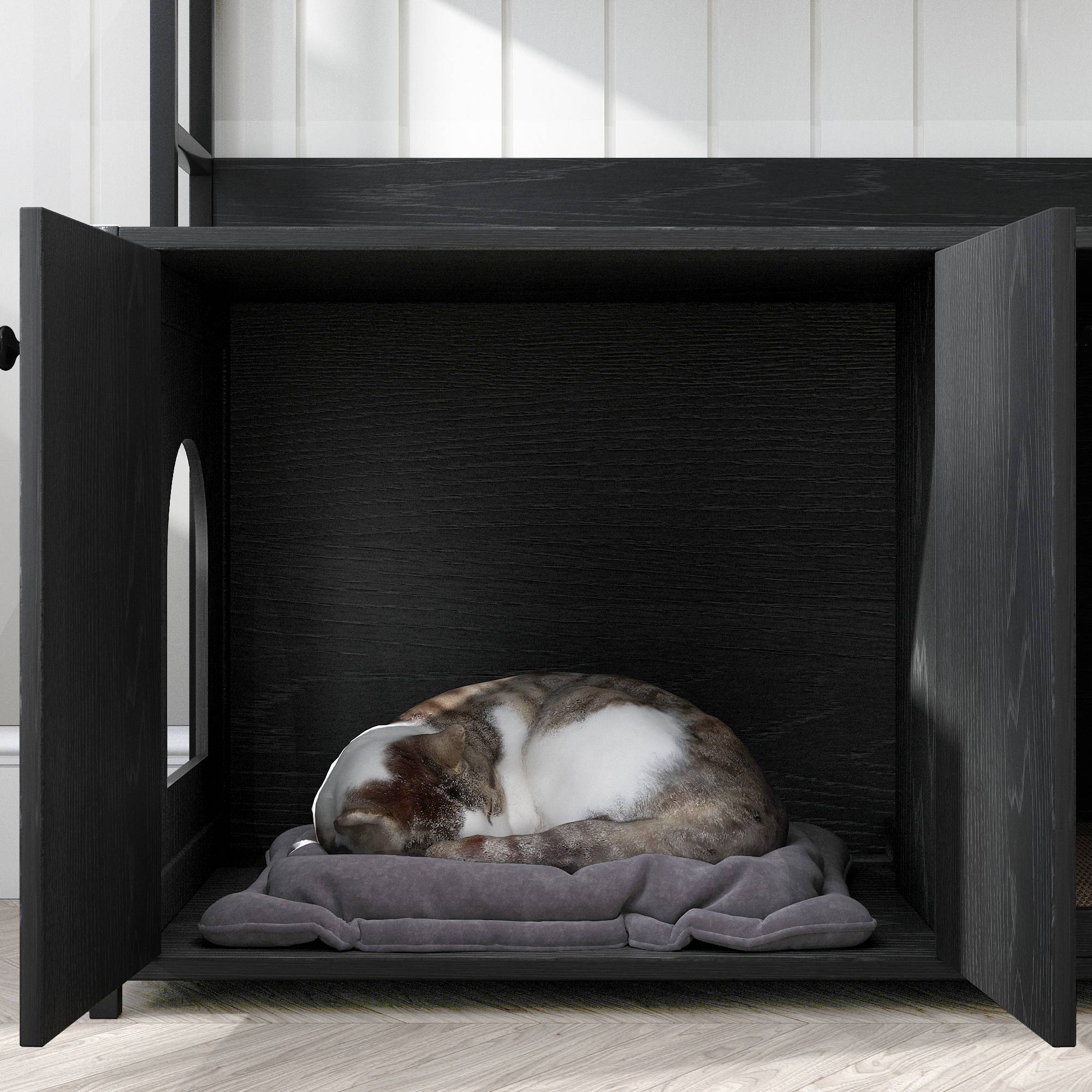 Meuble Cache Litière pour Chat Bois et Métal Maison de Toilette avec Étagères de Rangement Noir - ComfortXL Outdoor Living - Image 9